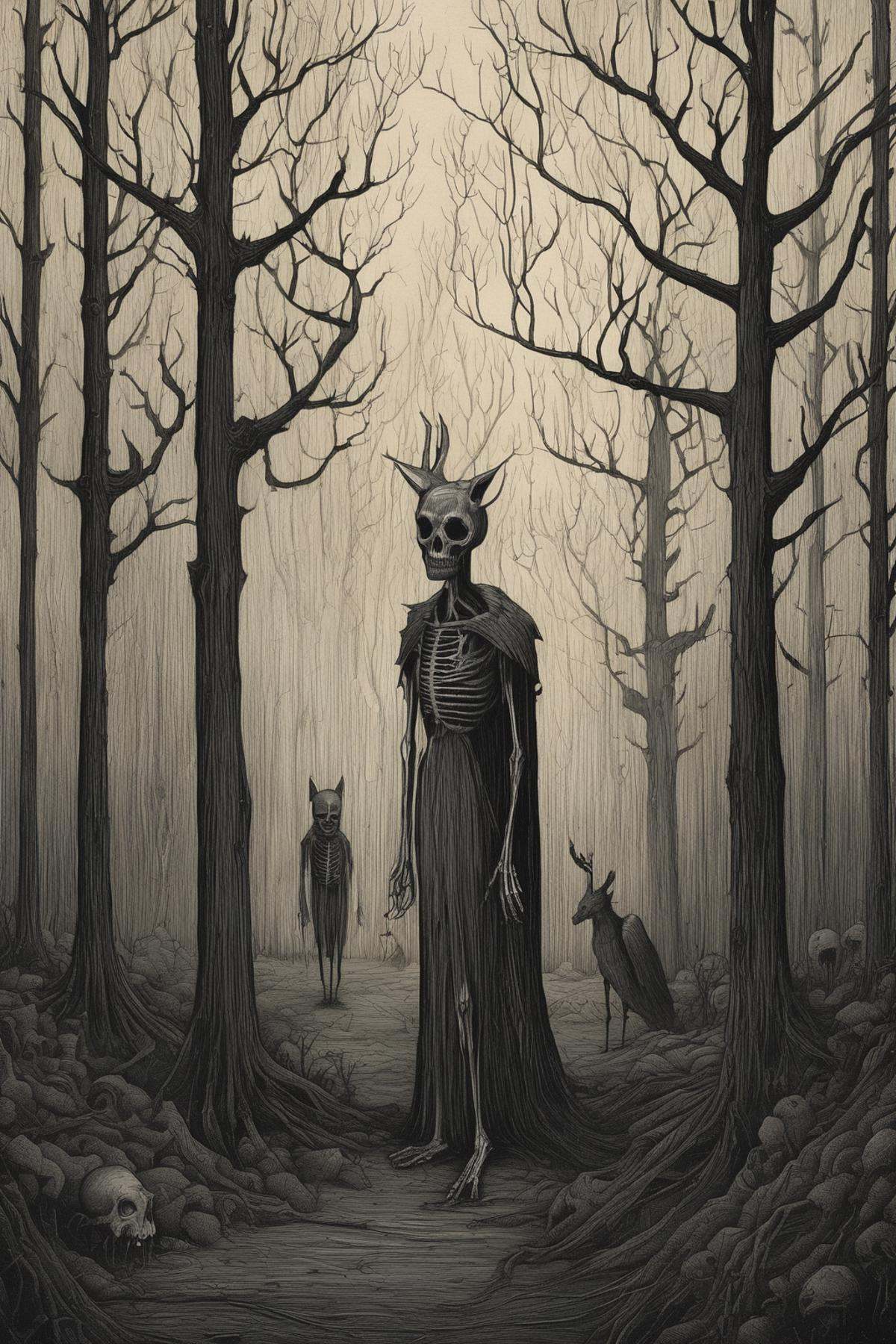 John Kenn Mortensen Style - mystical scary creepy dark woods surreal illustration donken grimdark dark ominous John Kenn M...
