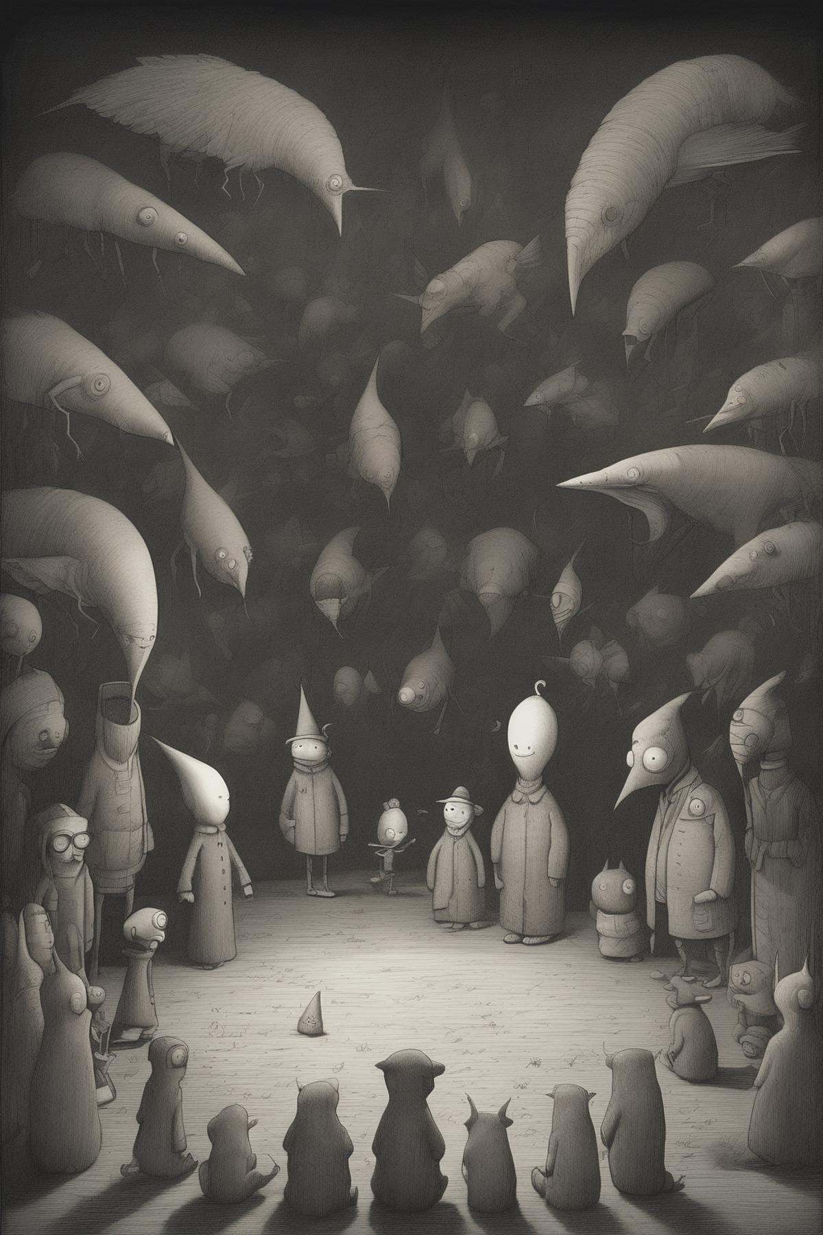 John Kenn Mortensen Style - Reference Shaun Tan.The environment is very dark,  you can hardly see the characters. only the...