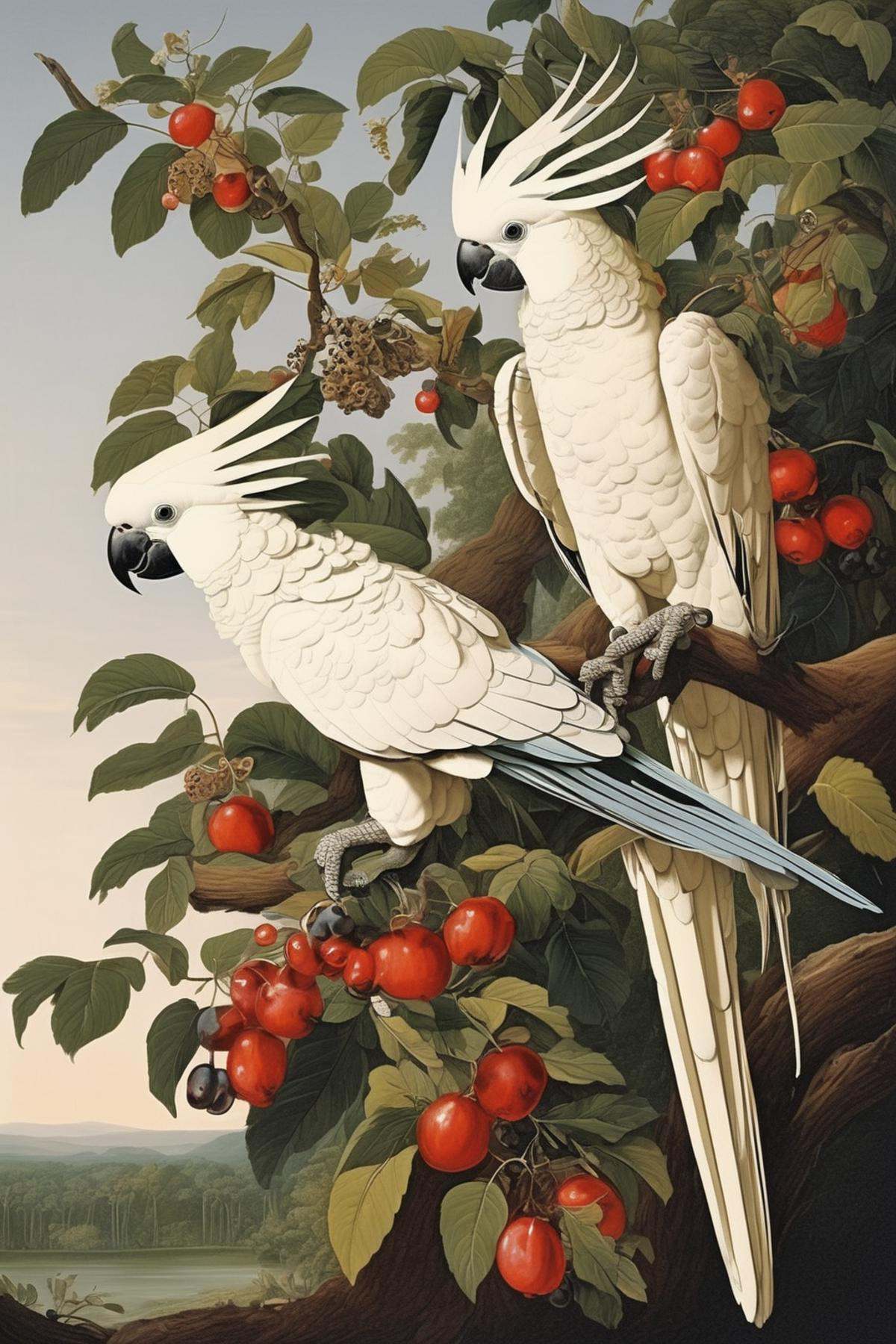 John James Audubon Style - make me an image of a large bird like a parrot or cockatoo of some sort that is perched up on a...