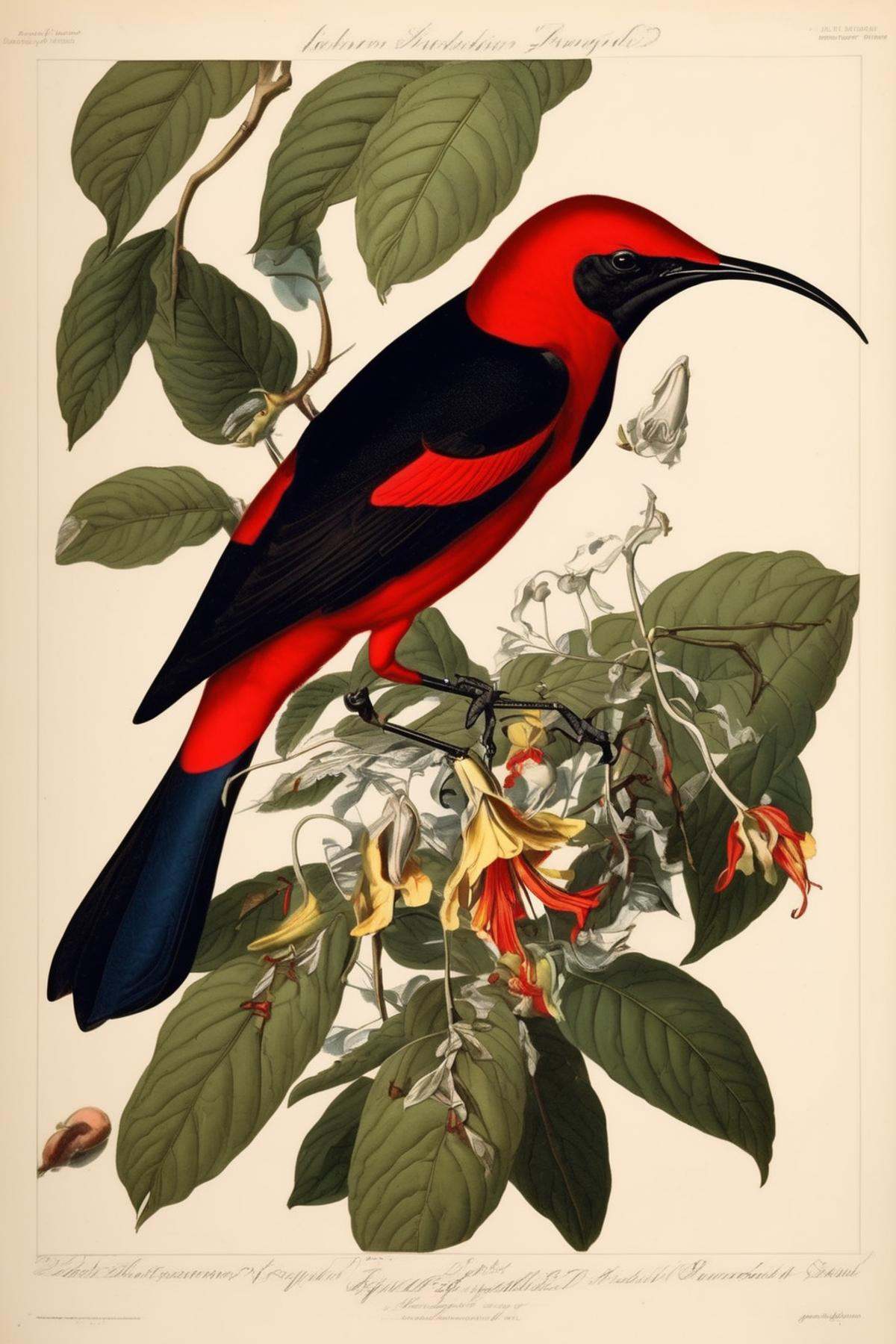 John James Audubon Style - a Crimson Sunbird in the naturalist illustration style of john james audubon on Tensor.Art