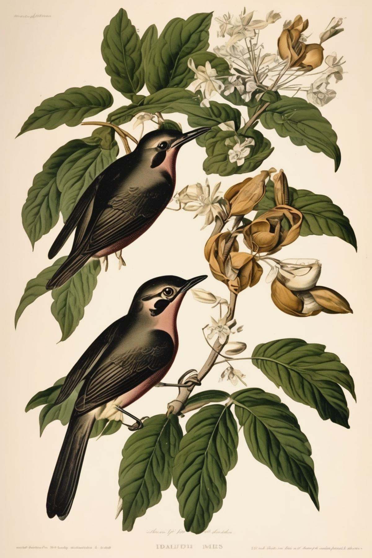 John James Audubon Style - beautiful small bird detailed botanical illustration on Tensor.Art