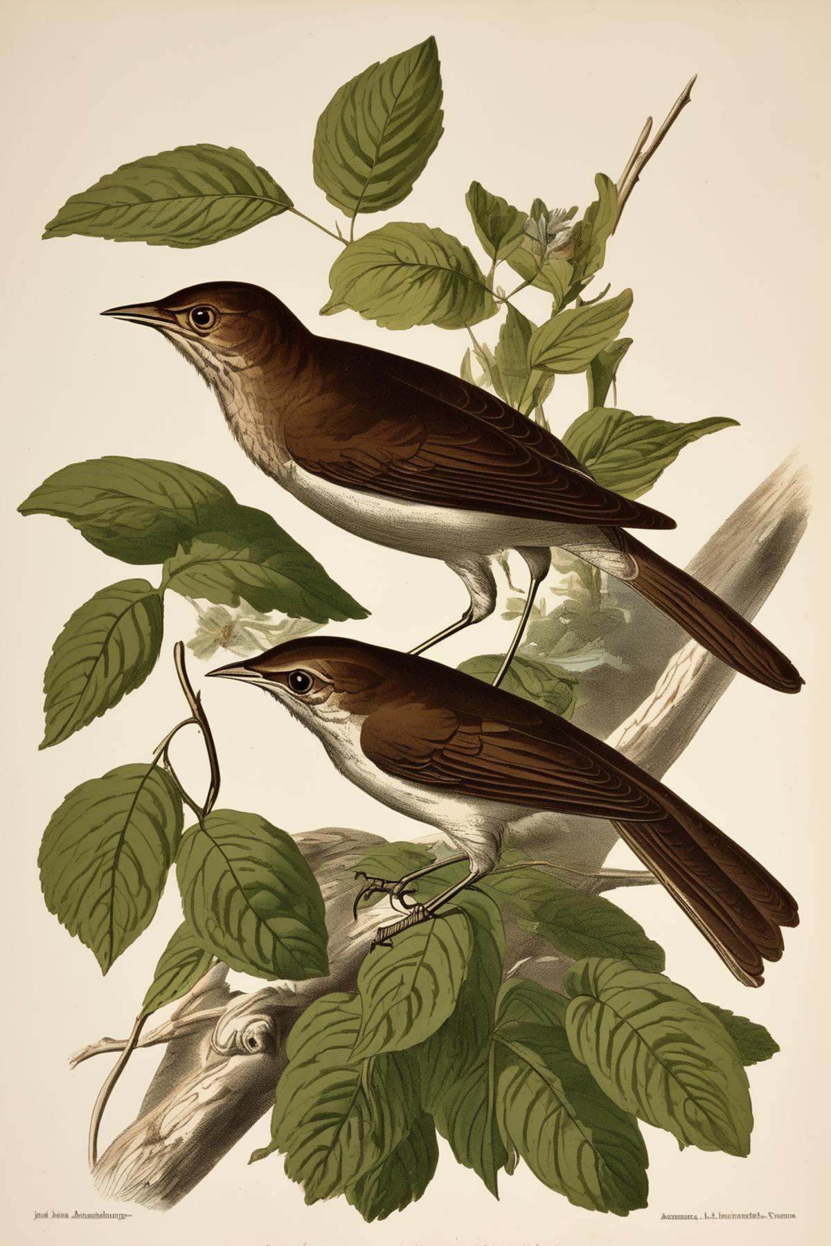John James Audubon Style - a vintage Victorian academic style illustration of a nightingale on Tensor.Art