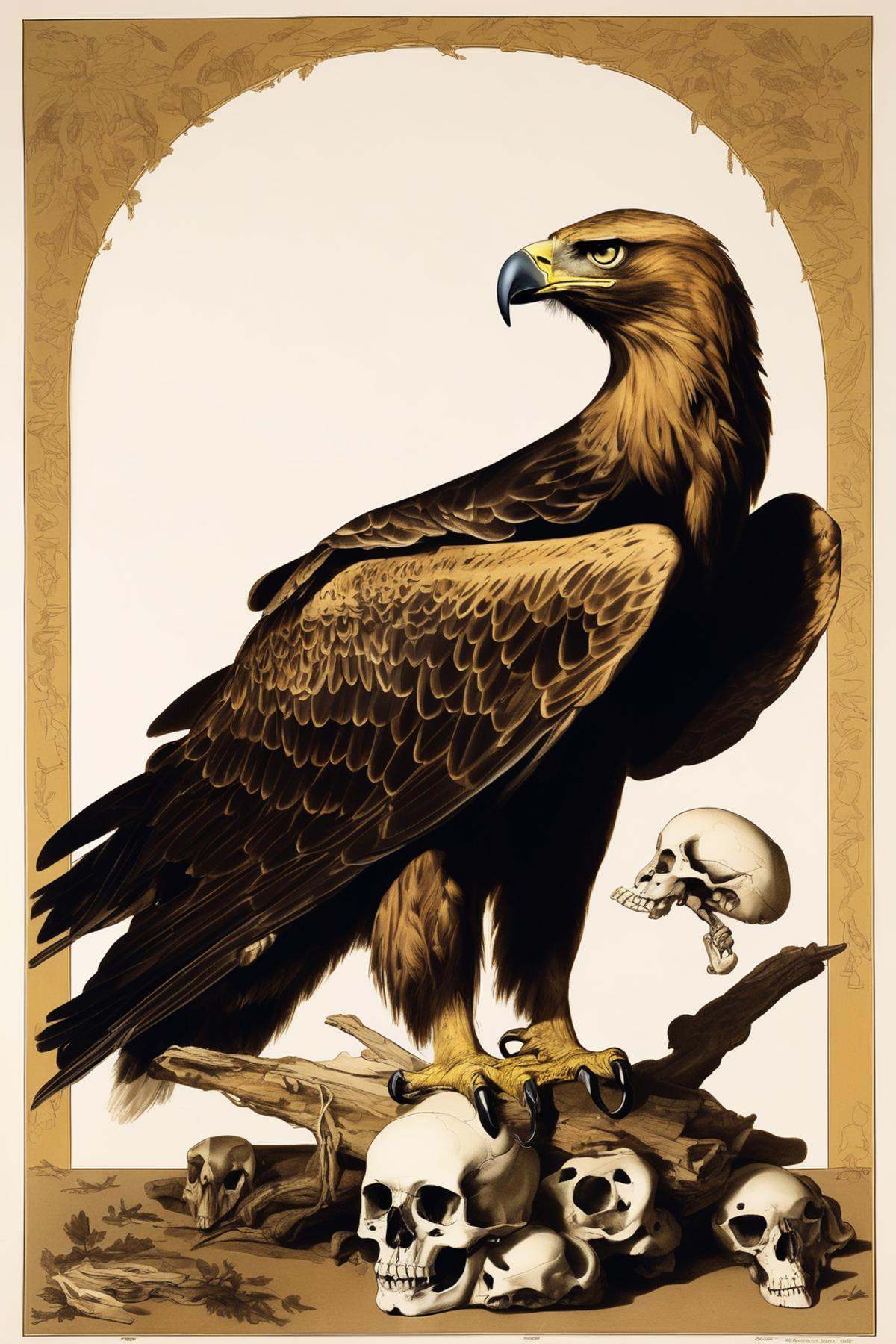 John James Audubon Style - John Audubon style illustration of Golden Eagle perched on skull on Tensor.Art