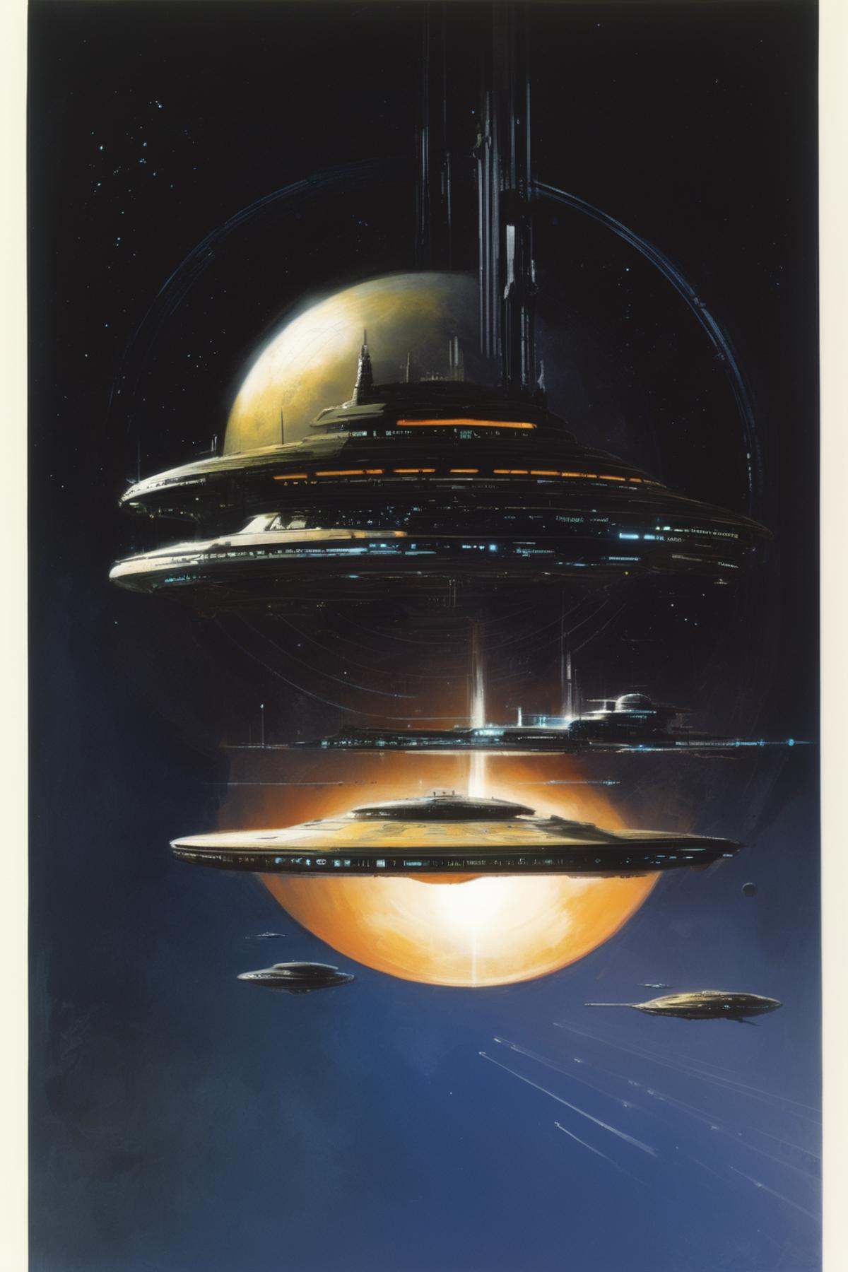 John Harris Style - by John Harris. Sci-fi setting. A high-tech spaceship with a circular shape over the darkness of space...