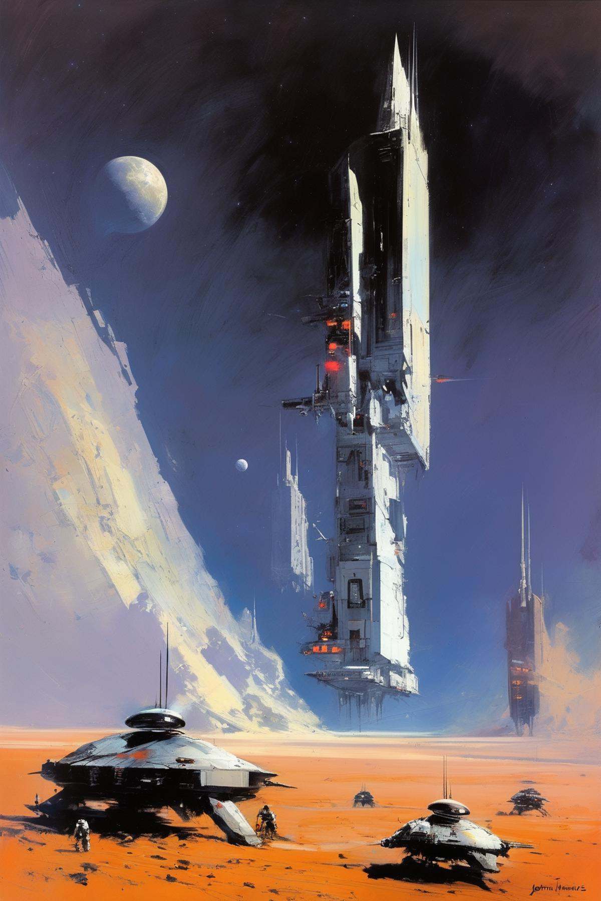 John Harris Style - Moon walk John Berkey huge space ships in the distance on Tensor.Art