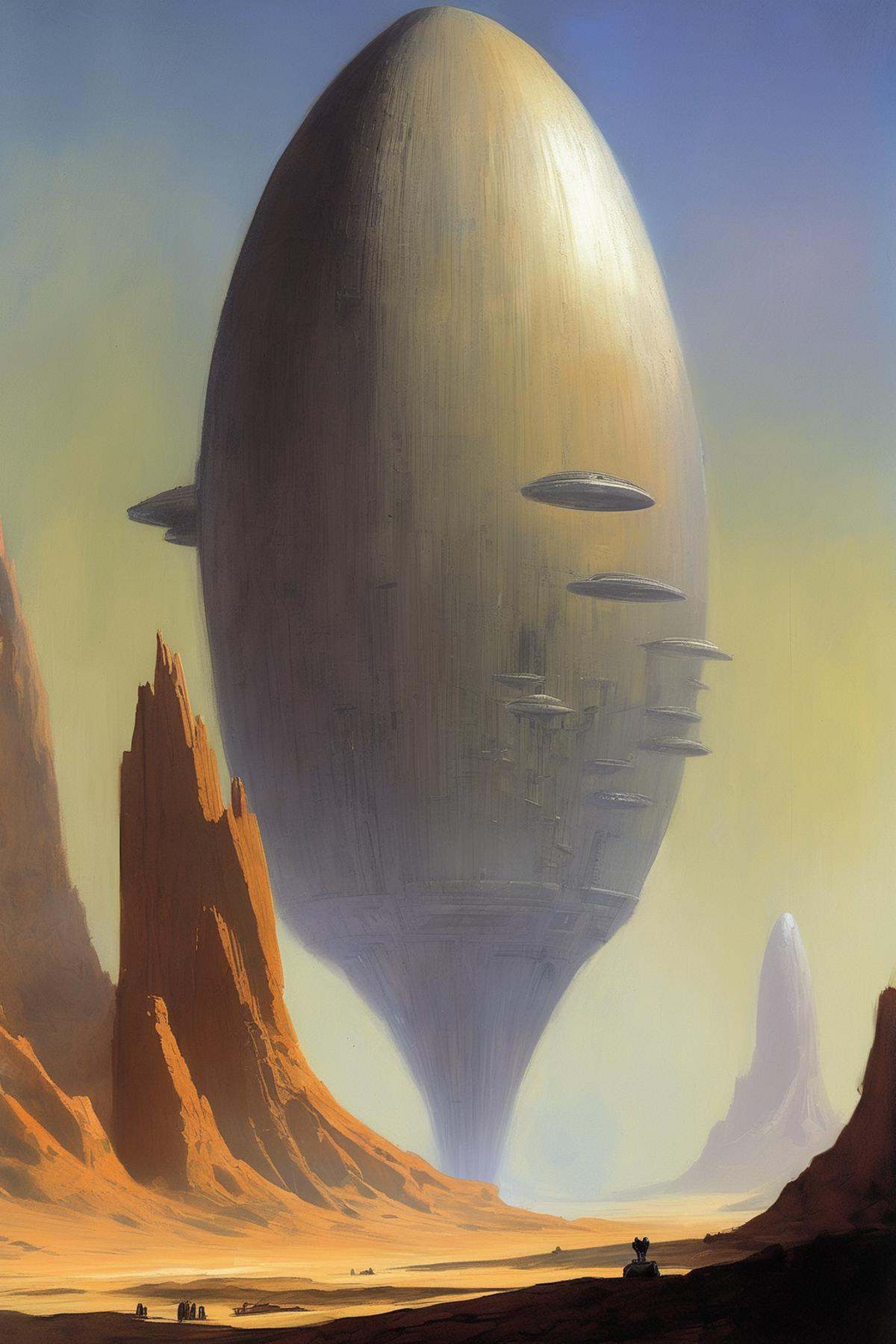 John Harris Style - A landscape with enormous monolithic ancient alien race buildings in the style of scifi painter john h...