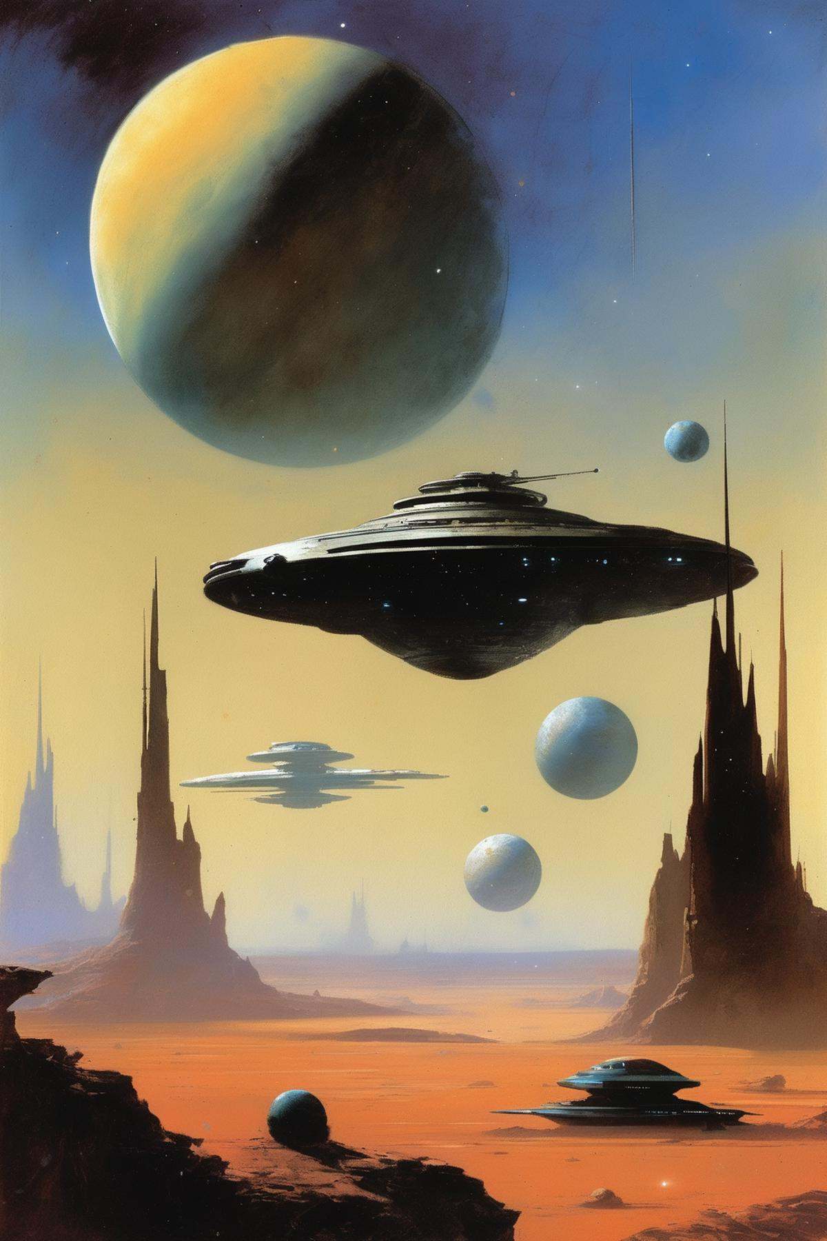 John Harris Style - a John Harris painting of huge spaceships and distant planets on Tensor.Art