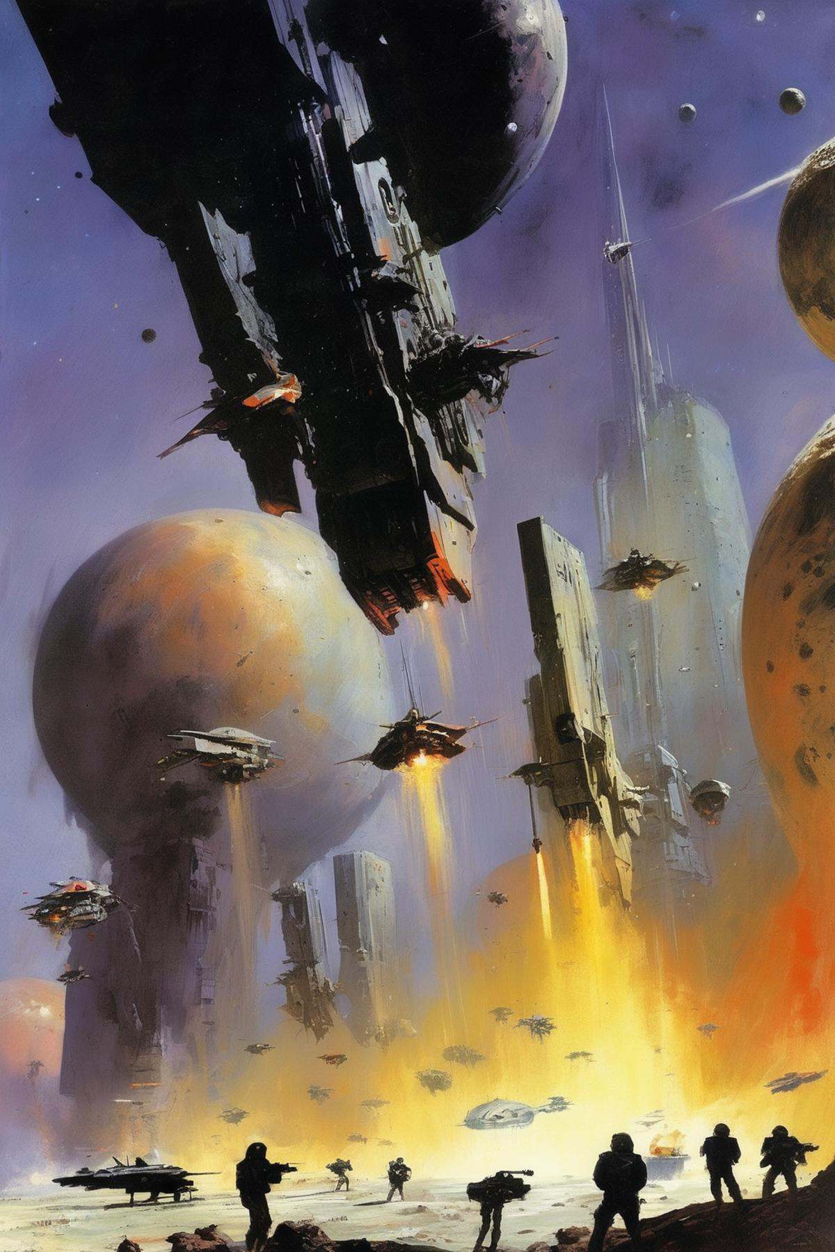 John Harris Style - Science fiction war. The planetary defenses are down. Monstrous beings bring weapons. Armies of soldie...