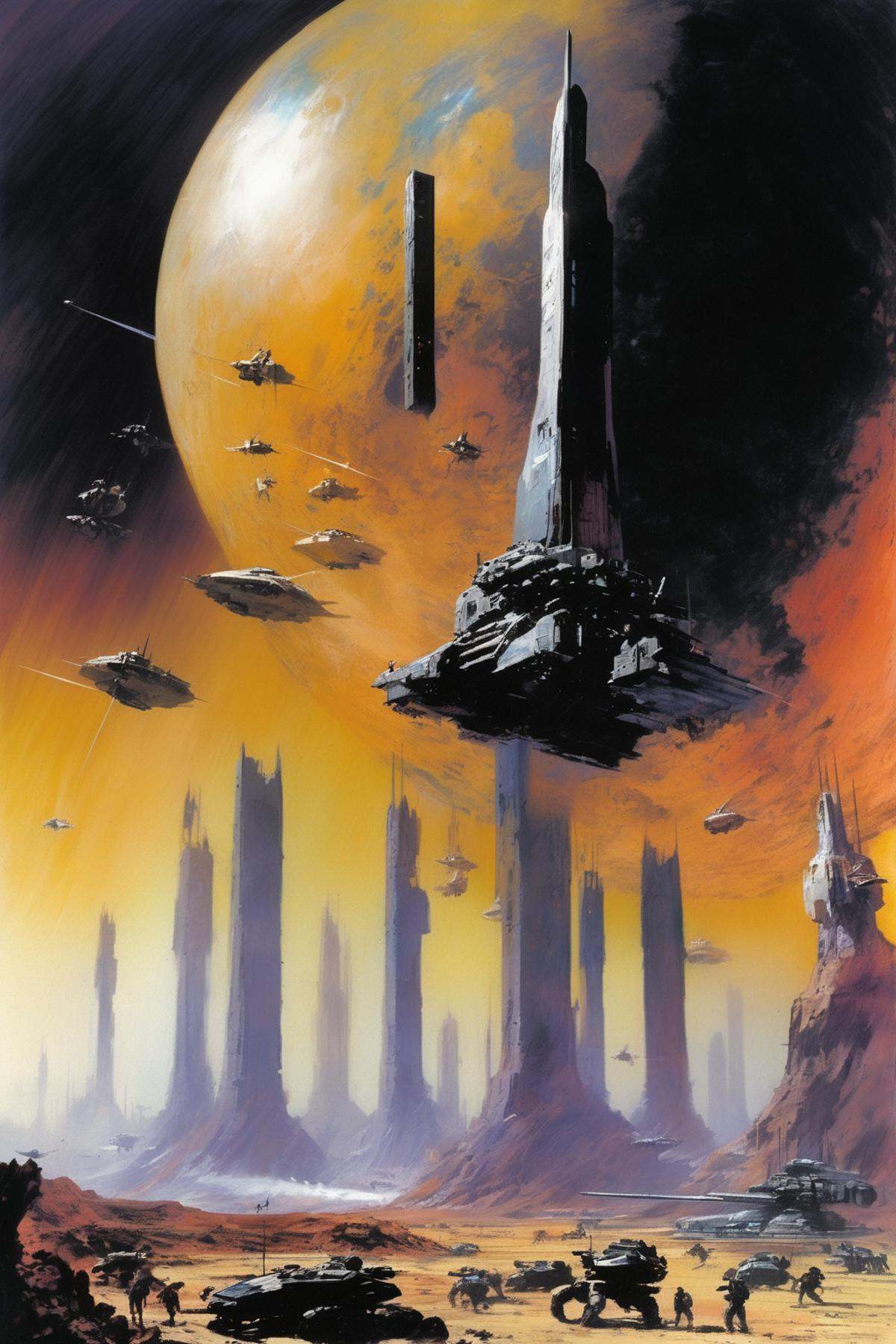 John Harris Style - cience fiction war. The planetary defenses are down. Monstrous beings bring weapons. Armies of soldier...
