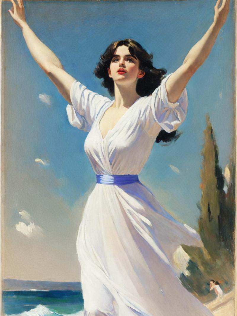 a painting of a woman holding her arms up in the air with her hands in the air by John Singer Sargent on Tensor.Art