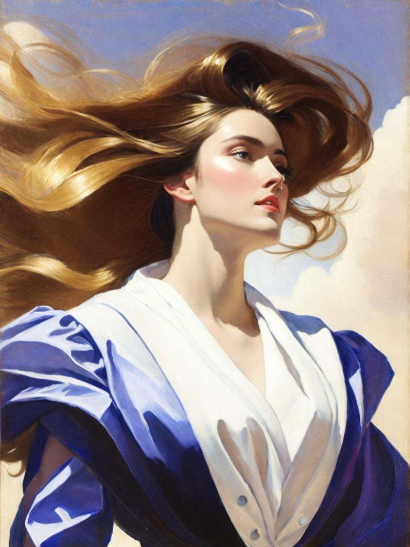 a painting of a woman looking up into the sky with her hair blowing in the wind by John Singer Sargent on Tensor.Art