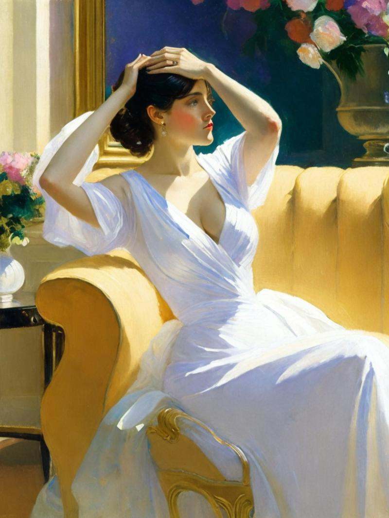 a painting of a woman in a white dress sitting on a couch with her hand on her head by John Singer Sargent on Tensor.Art