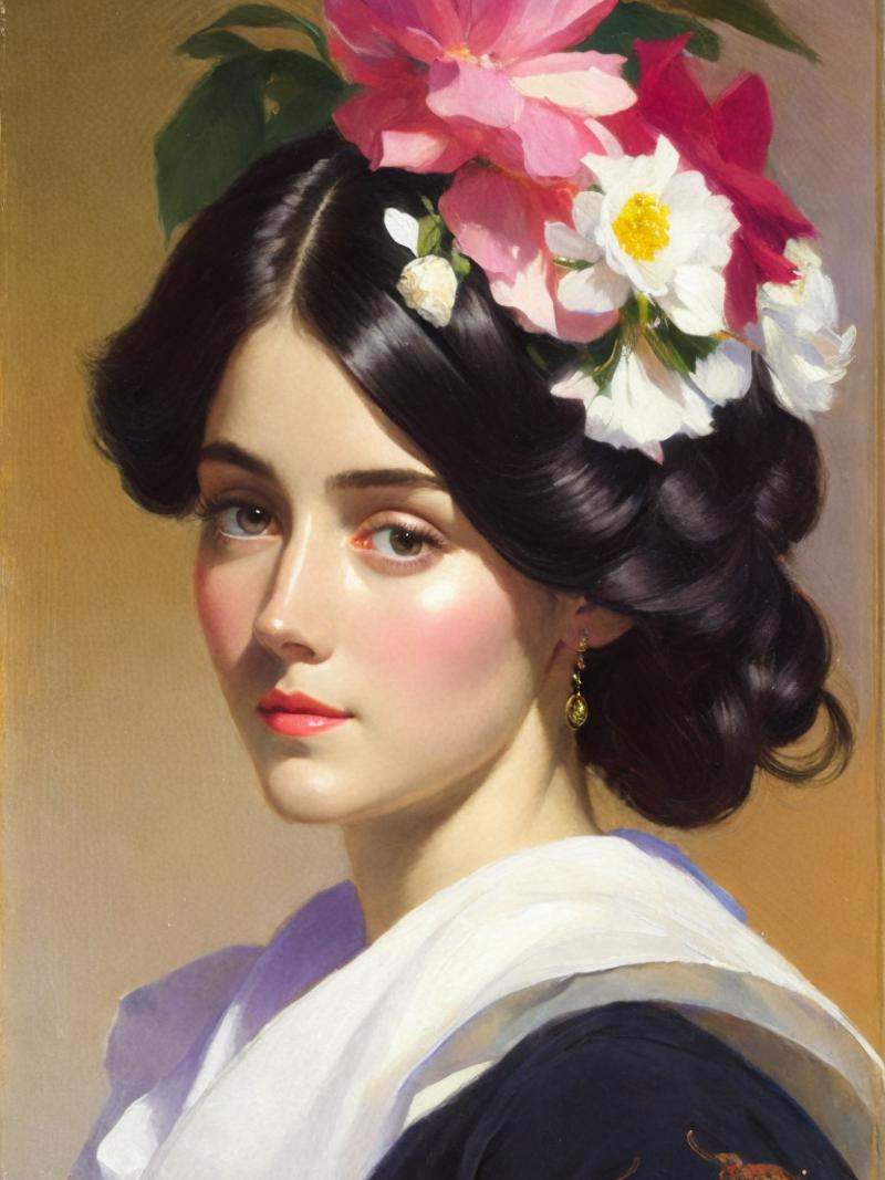 a painting of a woman with a flower in her hair and a pink flower in her hair by John Singer Sargent on Tensor.Art