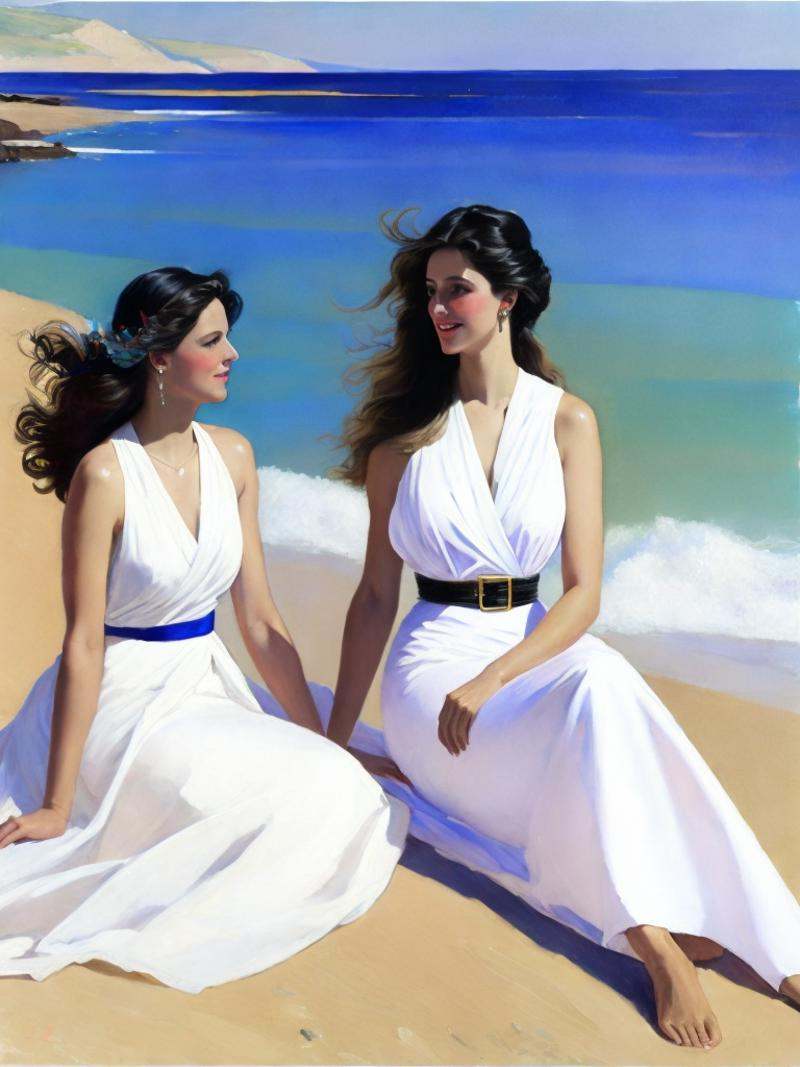 a painting of two women in white dresses sitting on a beach next to the ocean by John Singer Sargent on Tensor.Art