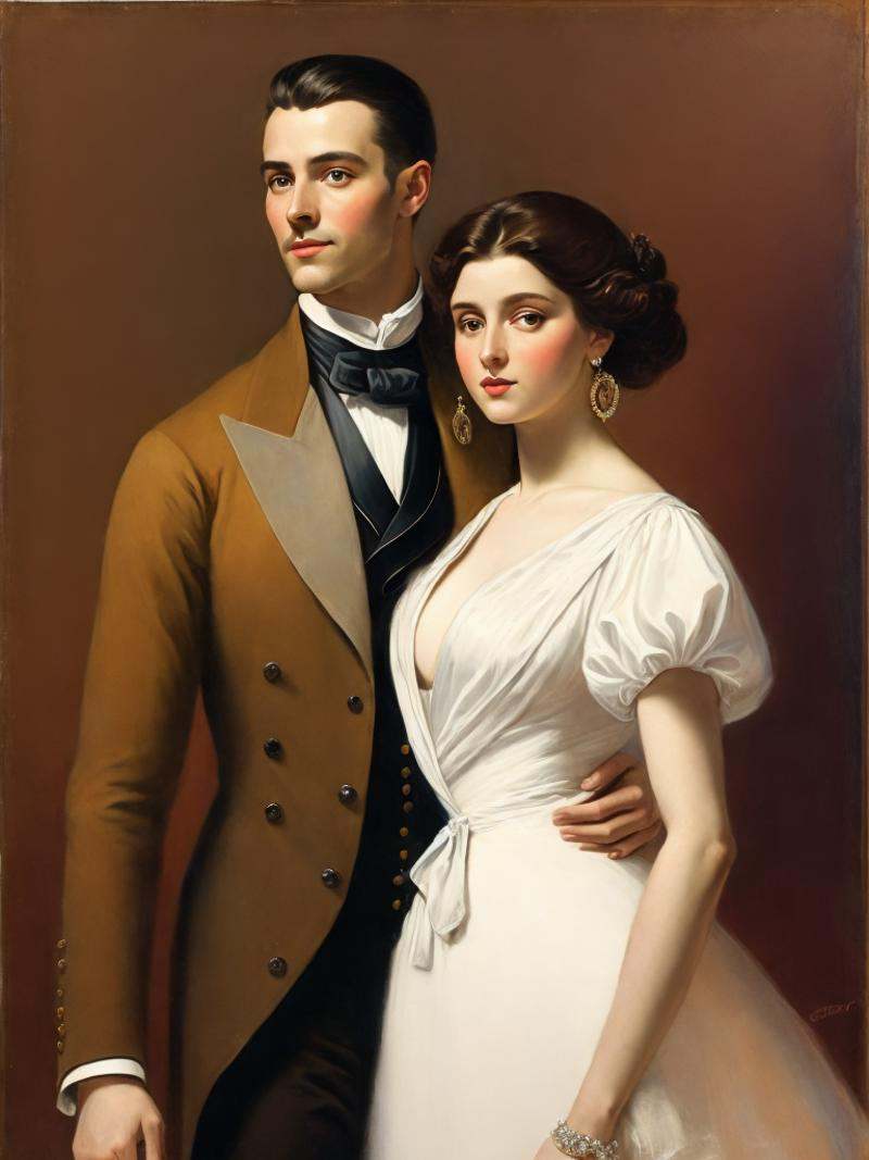 a painting of a man and a woman posing for a picture in front of a brown background by John Singer Sargent on Tensor.Art