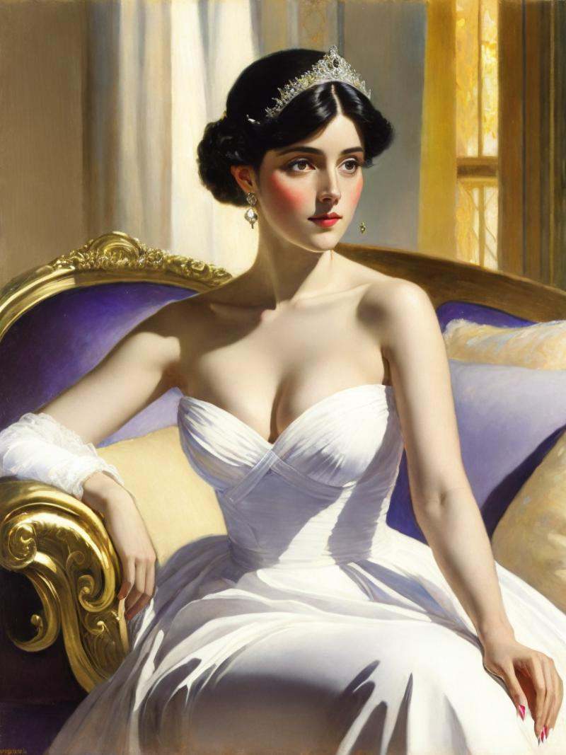 a painting of a woman in a white dress sitting on a couch with her hand on her chest by John Singer Sargent on Tensor.Art