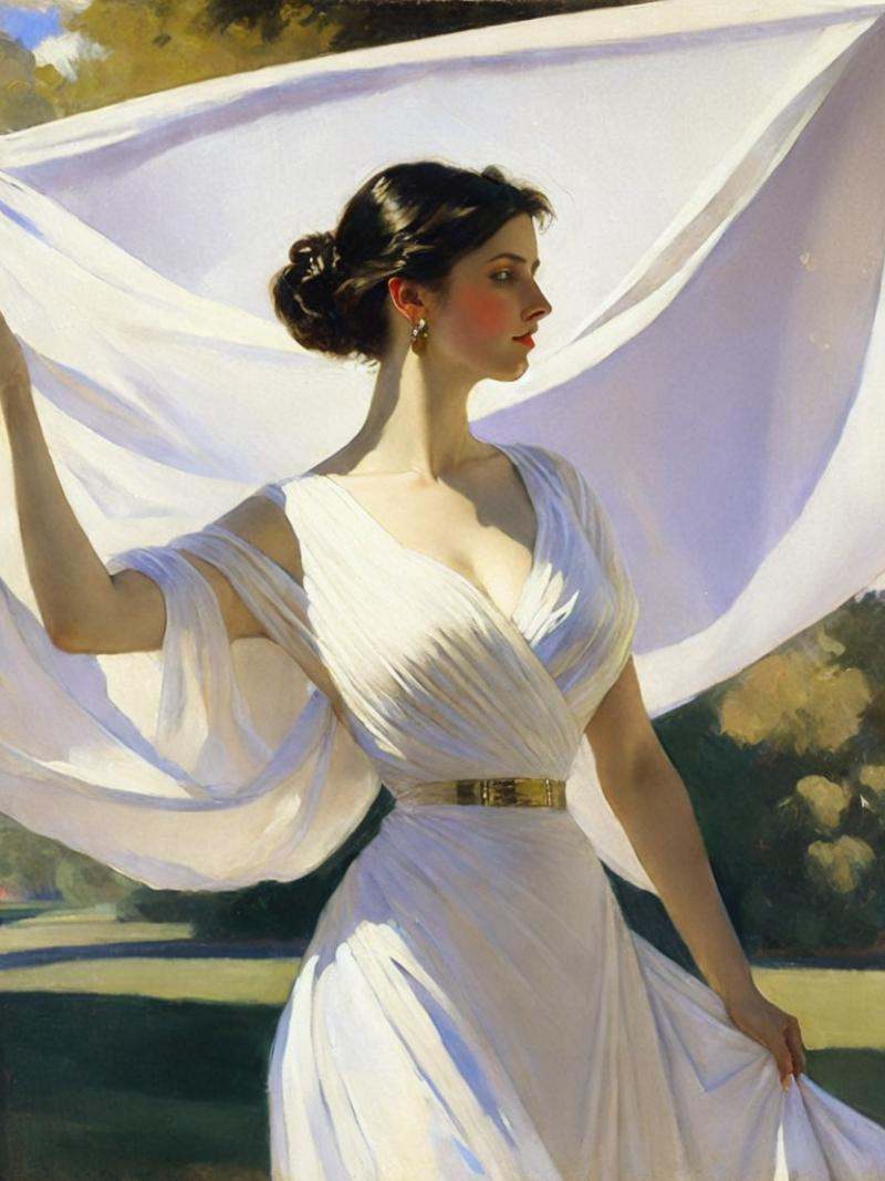 a painting of a woman in a white dress holding a white cloth over her shoulder by John Singer Sargent on Tensor.Art