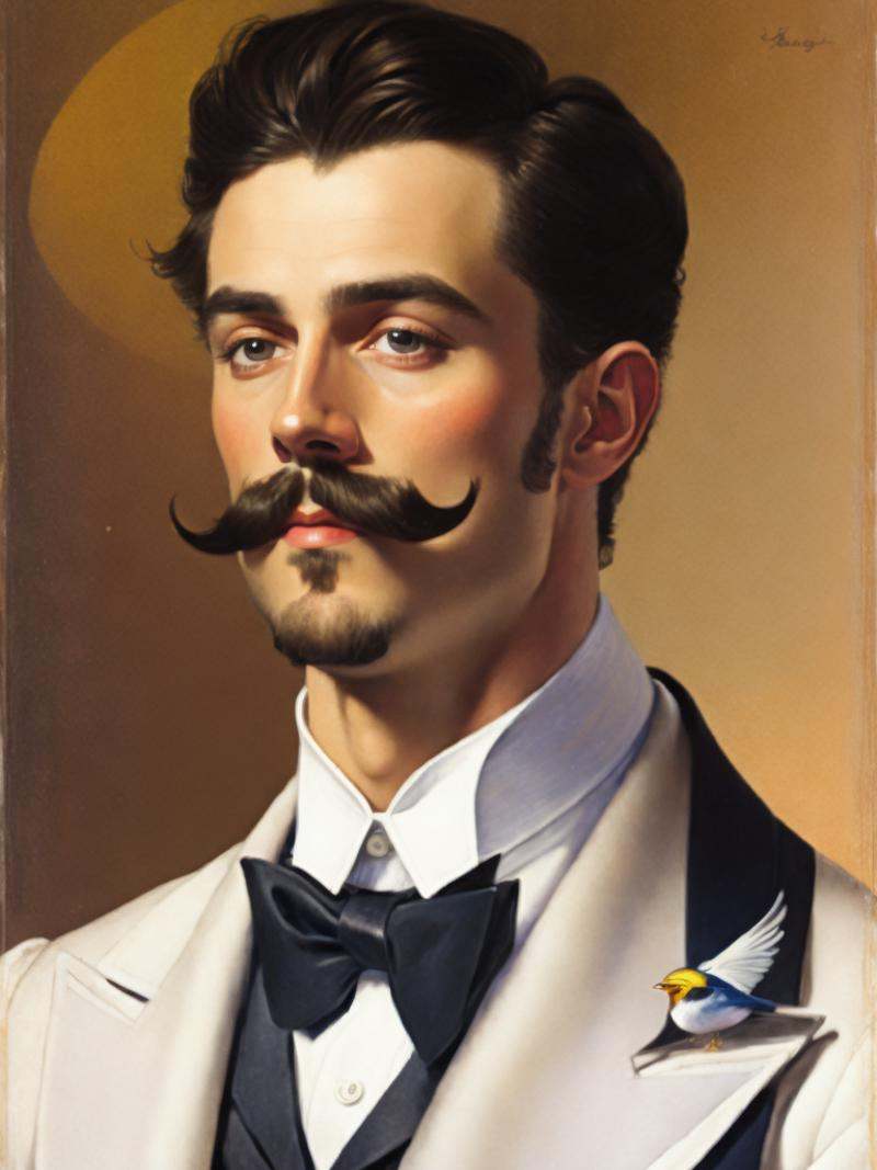 a painting of a man with a mustache and a bow tie with a bird on his shoulder by John Singer Sargent on Tensor.Art