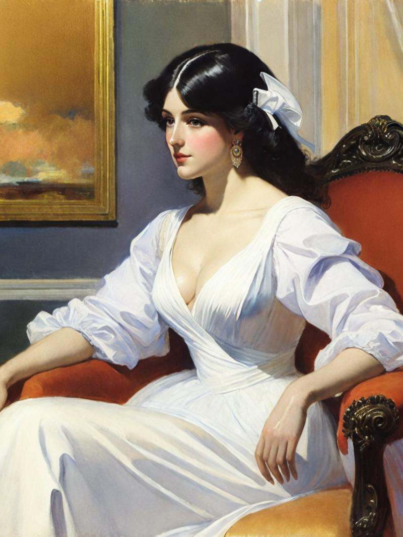 a painting of a woman in a white dress sitting on a couch with her arm on the back of a chair by John Singer Sargent on Te...