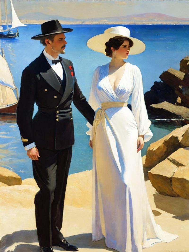 a painting of a man and a woman standing next to each other in front of a body of water by John Singer Sargent on Tensor.Art