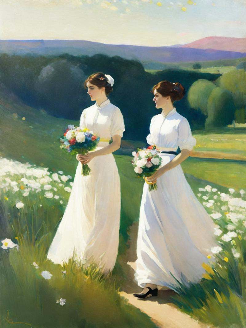 a painting of two women in white dresses holding lanterns in a field of flowers by John Singer Sargent on Tensor.Art