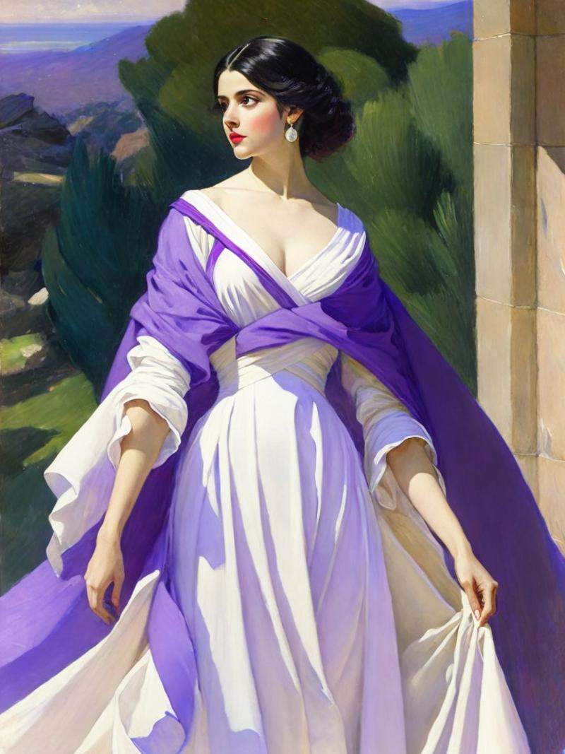 a painting of a woman in a white dress with a purple cape over her shoulders by John Singer Sargent on Tensor.Art