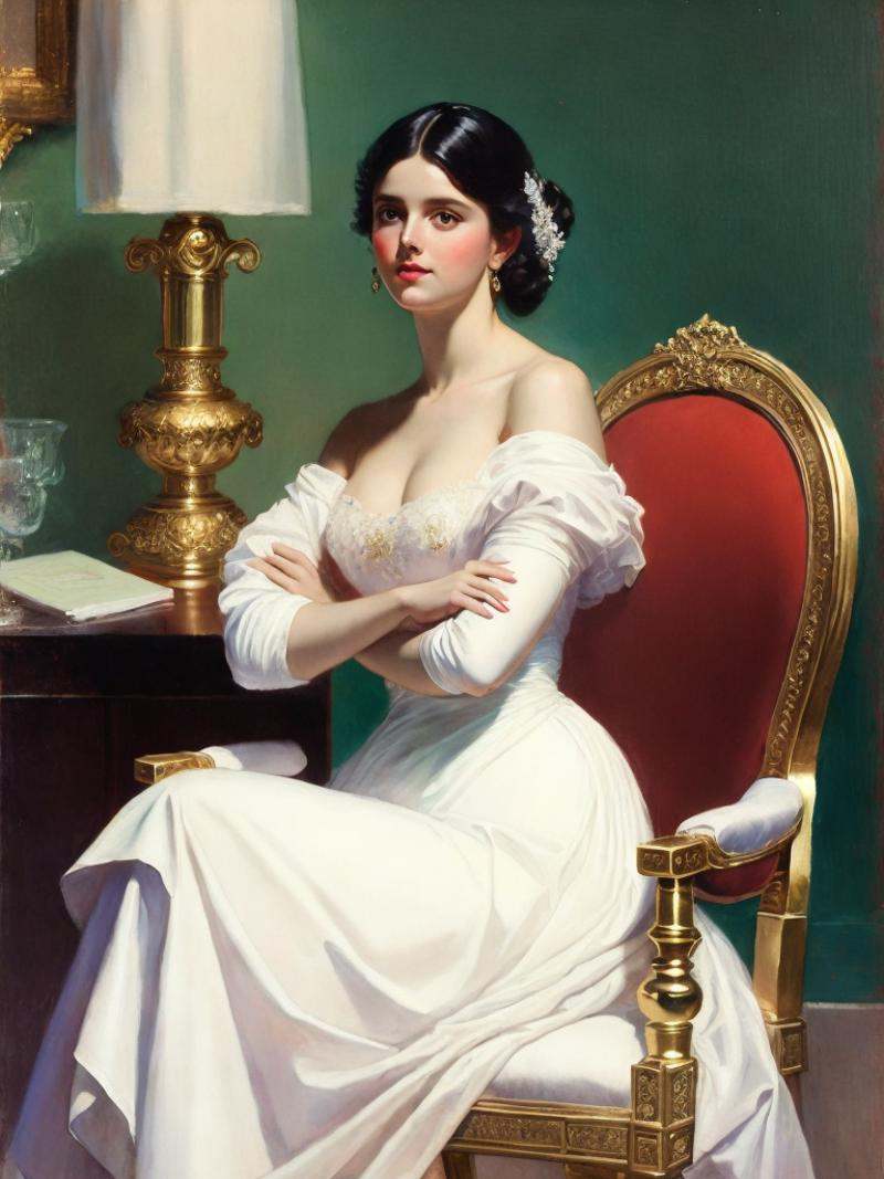 a painting of a woman in a white dress sitting on a chair with her hands crossed by John Singer Sargent on Tensor.Art