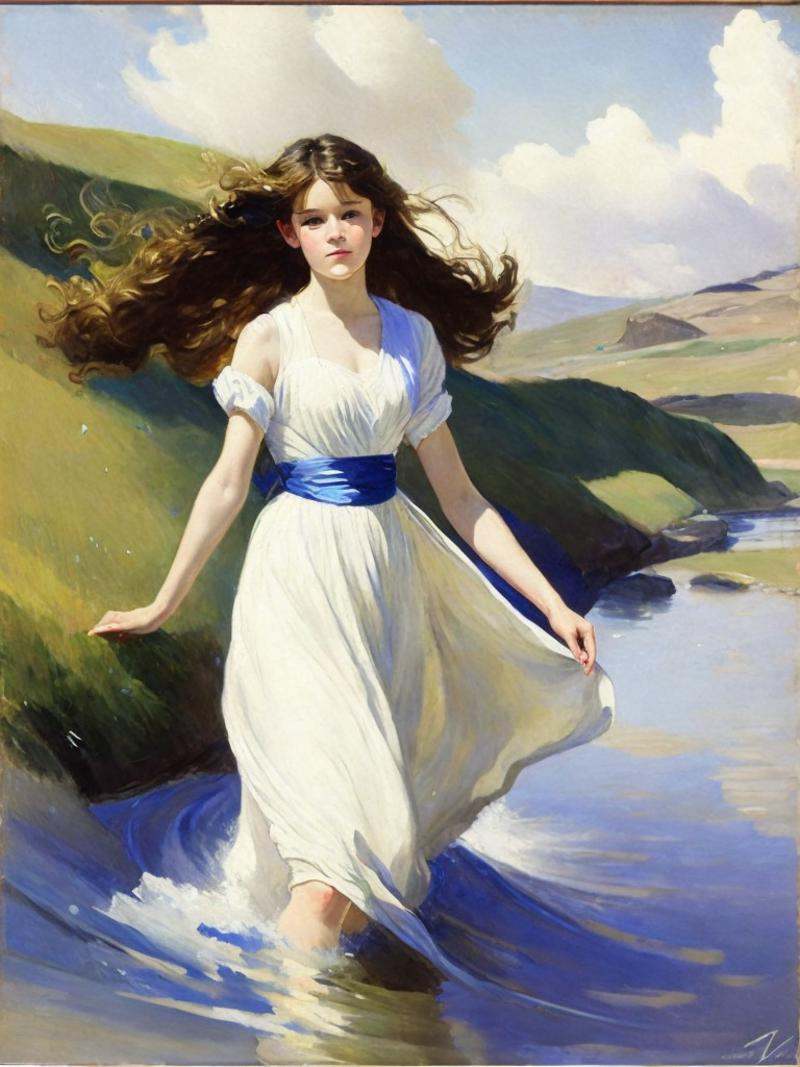 a painting of a young girl in a flowing river with her hair flowing in the wind by John Singer Sargent on Tensor.Art