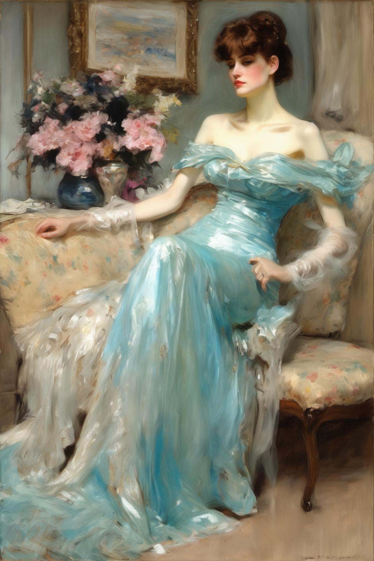 John Singer Sargent Style - In Irving Ramsey Wiles's impressionist oil painting,  A very beautiful features,  slim maiden...