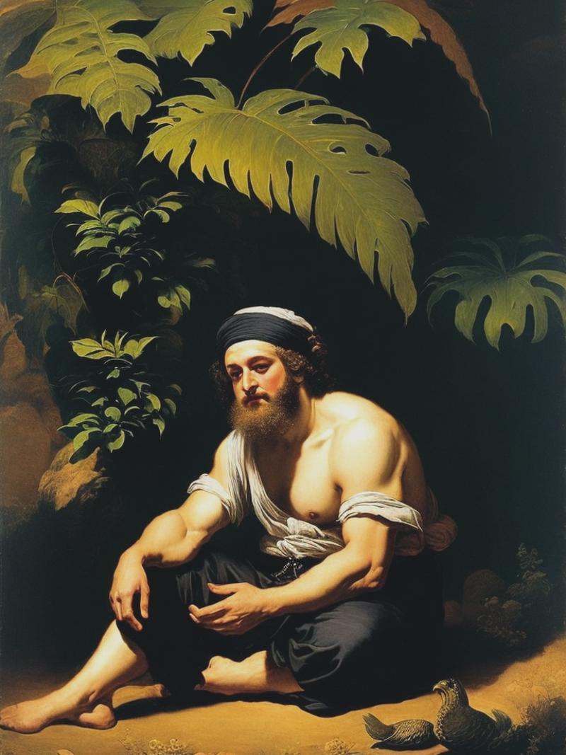 Rembrandt style painting of Jonah sitting under the shade of a large plant on Tensor.Art