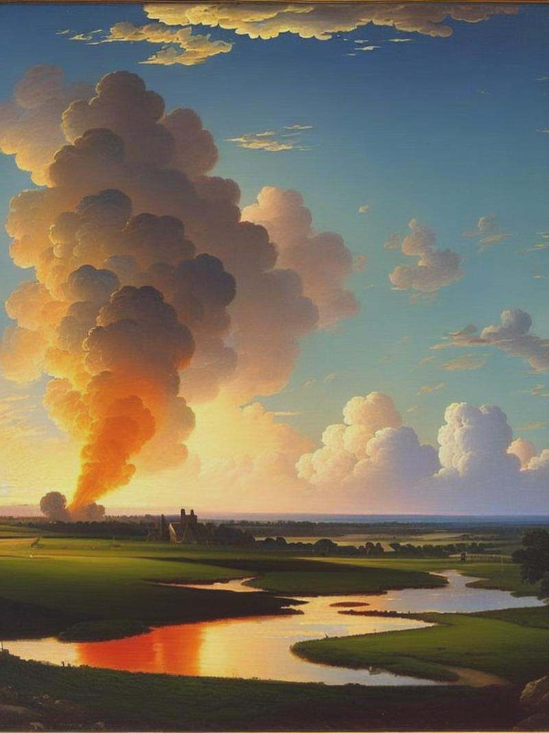 Thomas Hart Bentonon evening landscape with rocket blasting off in background on Tensor.Art