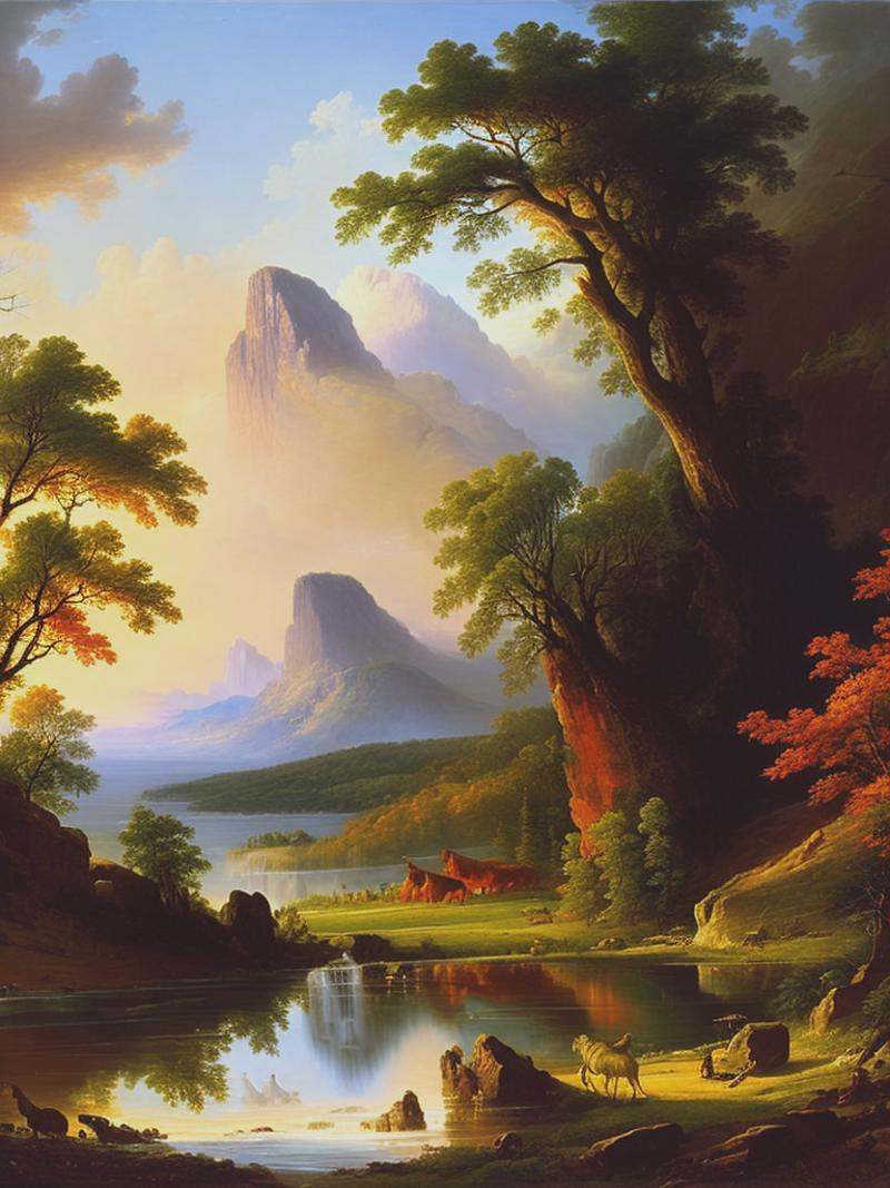 stunning prehistoric north America scenary. vivid colors. auburn sky. Asher Brown Durand style on Tensor.Art