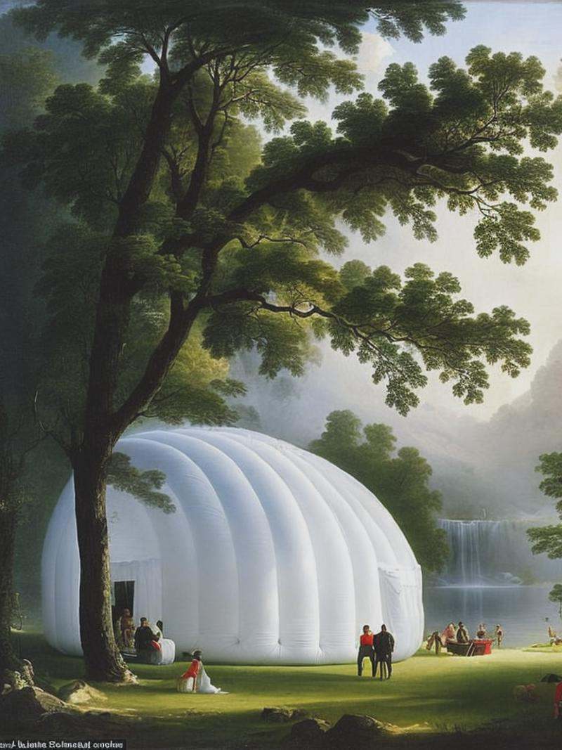 Early Morning at Cold Spring (1850) by Asher Durand. Inflatable house made out of white soft fabric. people hanging from t...