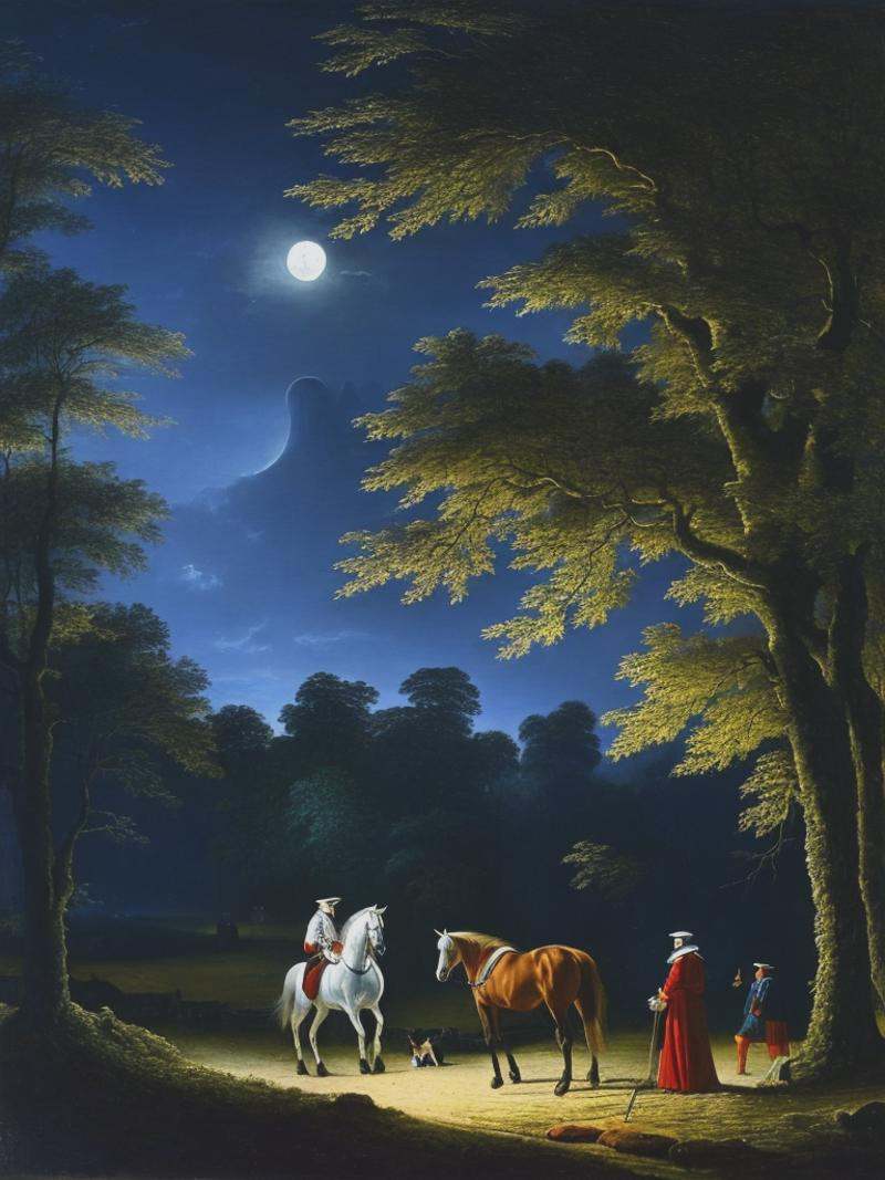 a moonlit scene at the edge of a loney castle forecourt bordering a forrest. Two horses without riders stand in the shadow...