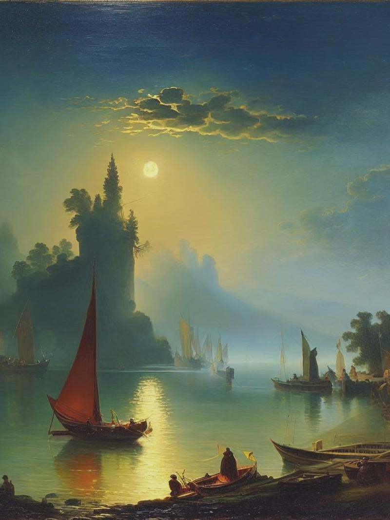 a painting of boats at night near a lake,  in the style of hazy romanticism,  historical imagery on Tensor.Art