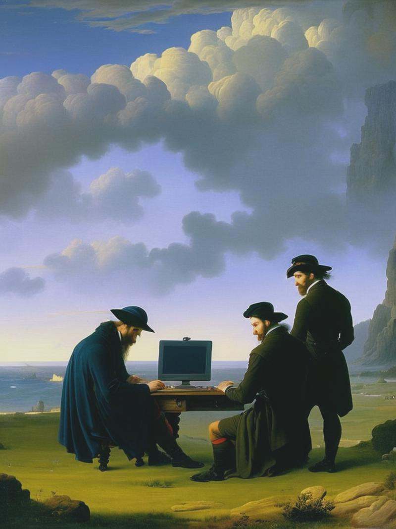 painting Caspar David Friedrich style,  2 men gazing at computer screen on Tensor.Art