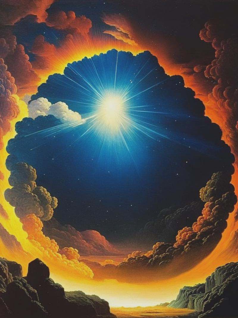 the start of the universe,  on a big explosion,  with a human intelligence touch and starts forming using Joseph Wright of...