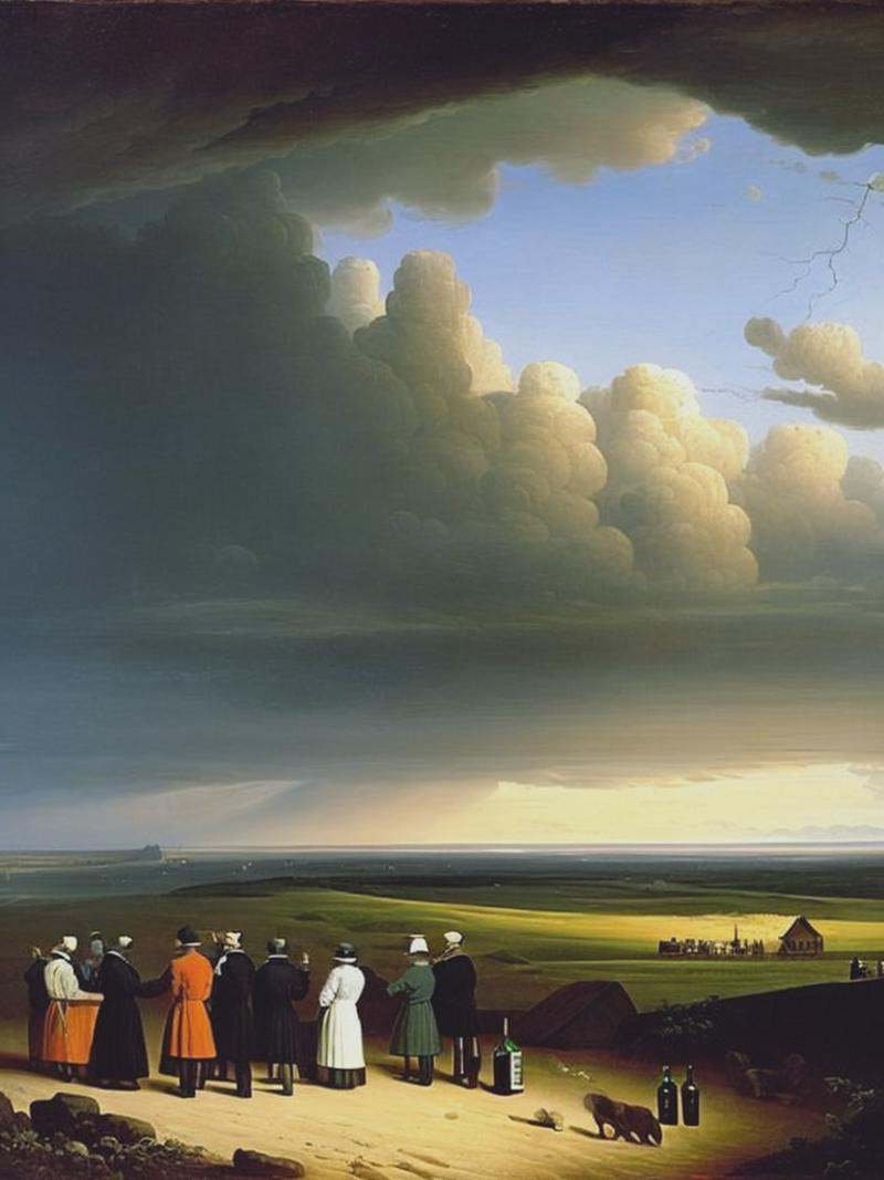 Caspar David Friedrich painting desolate stormy landscape with dark clouds,  with eight people drinking at a bar,  with wi...