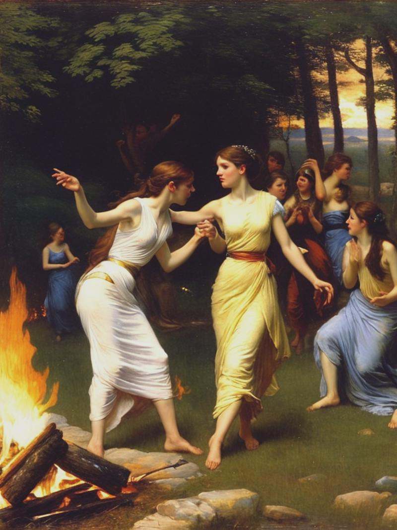 girls dancing around a fire,  style by John William Waterhouse,  William-Adolphe Bouguereau on Tensor.Art