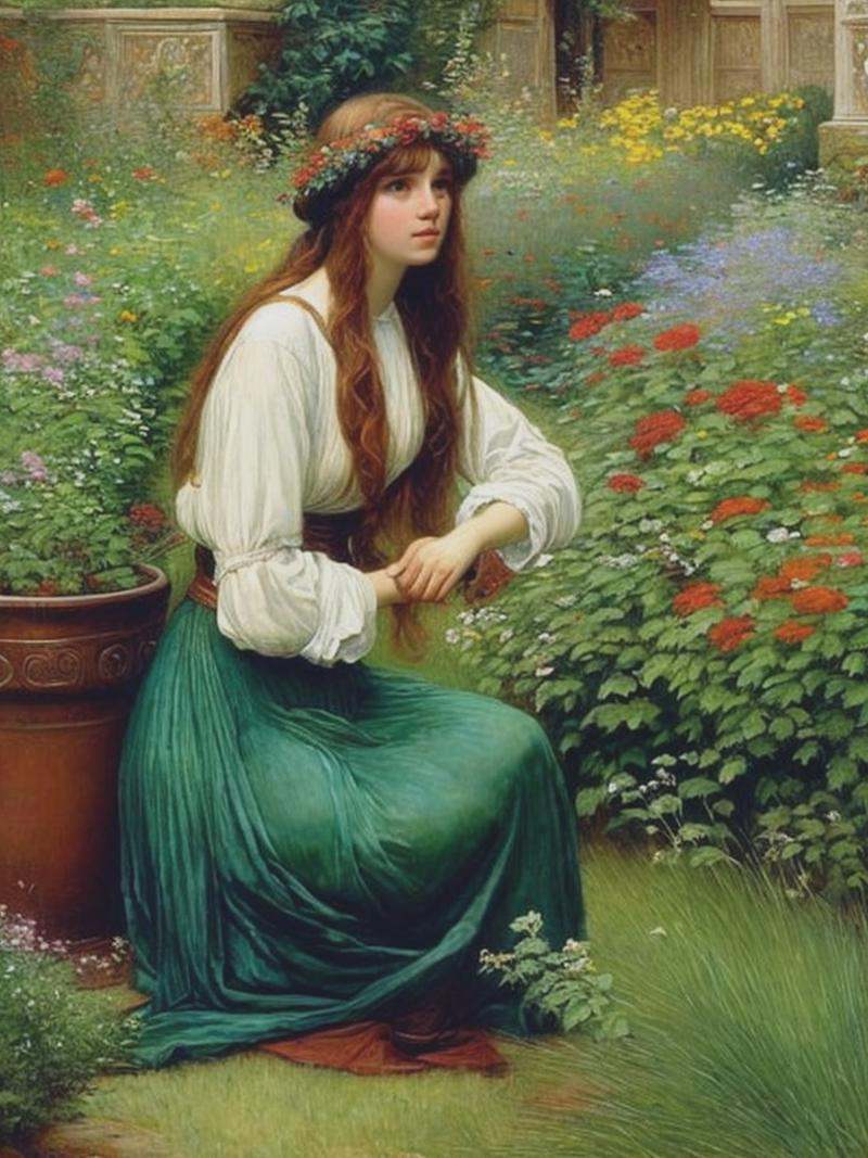 john william waterhouse style,  light brown hair,  young woman kneeling in herb garden on Tensor.Art