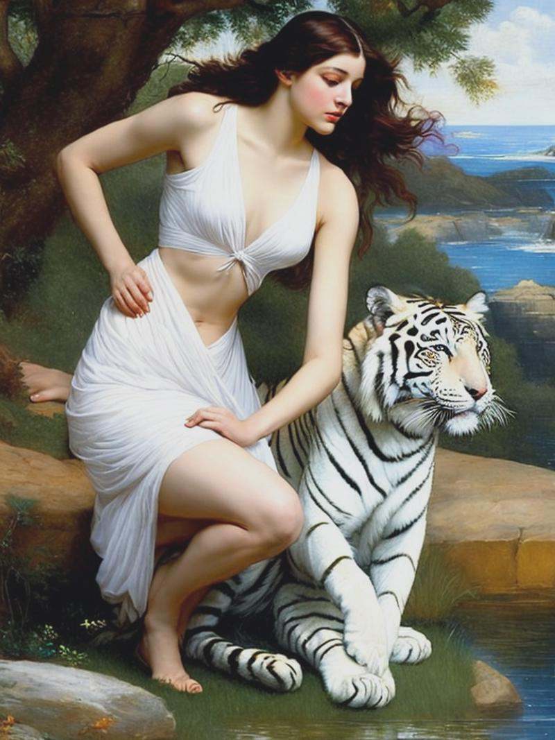 full body,  beautiful woman playing with white Tiger,  by william waterhouse on Tensor.Art