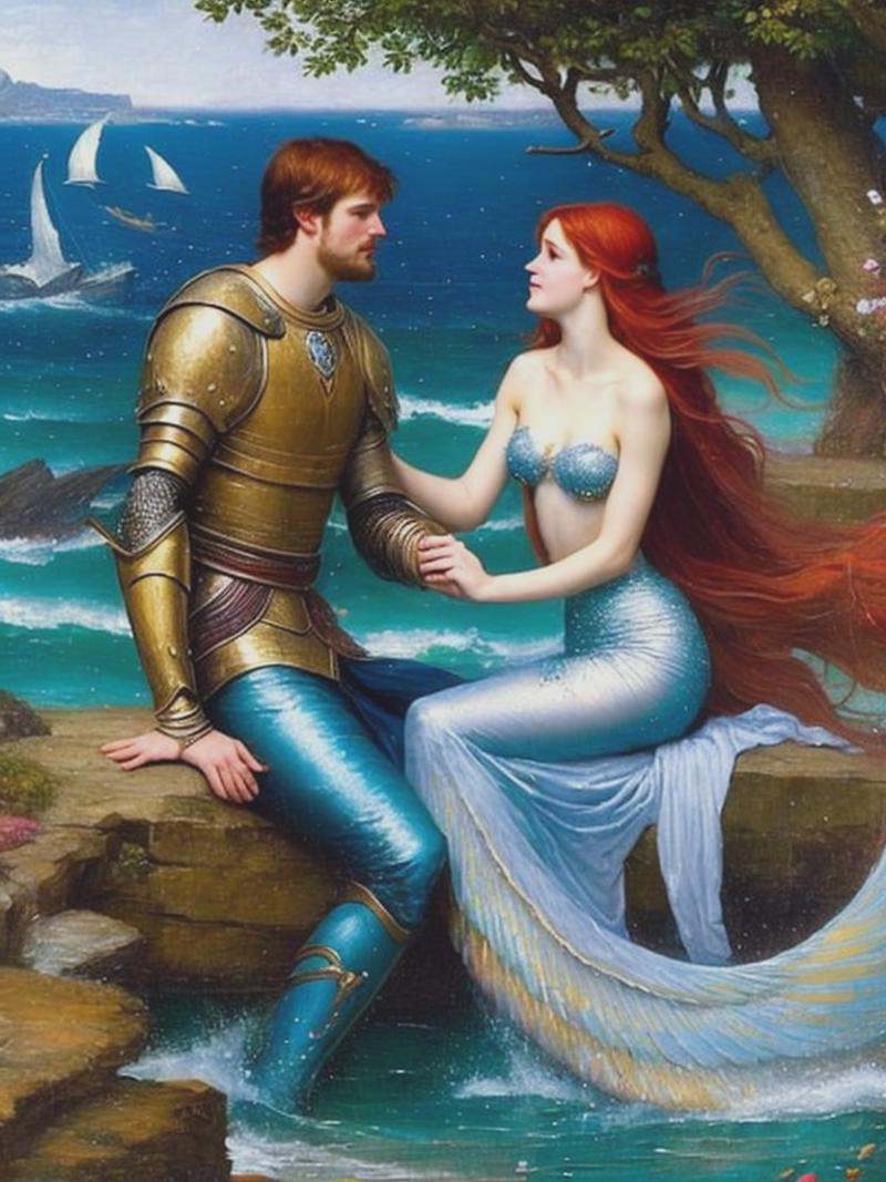 a beautiful mermaid in love with a Knight,  an oil painting by John William Waterhouse in 8k on Tensor.Art