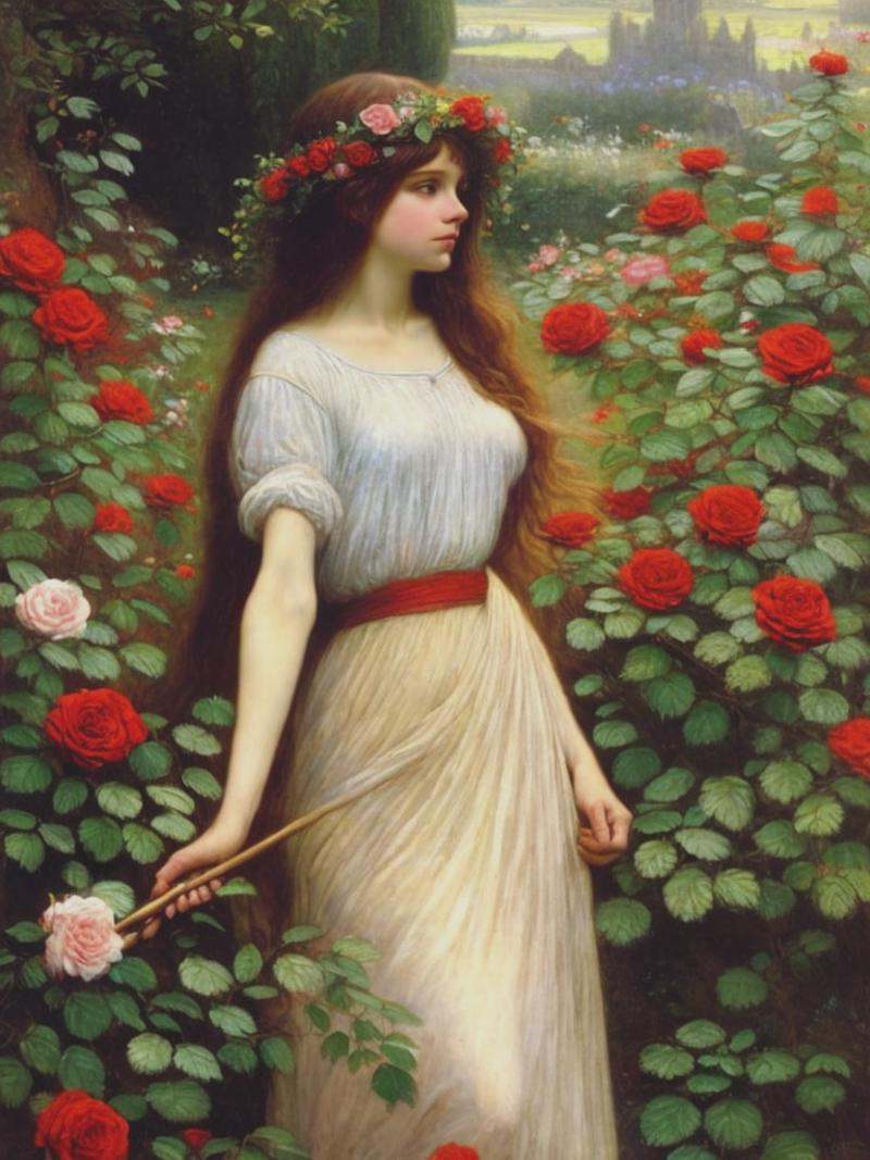 the Fairy of the Rose Garden,  an oil painting by John William Waterhouse in 8k on Tensor.Art