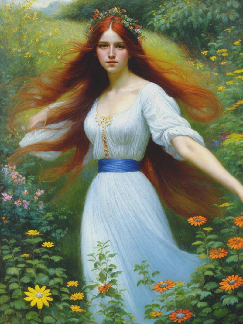 female in her summer garden,  wildflowers,  unruly vines on Tensor.Art