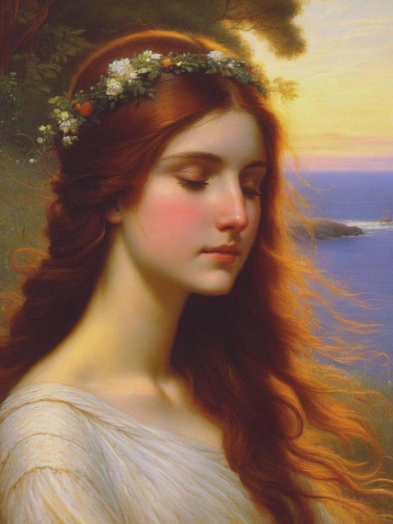 A detailed portrait of a maiden at golden hour by John William Waterhouse. Her eyes are closed and a gentle breeze blows h...