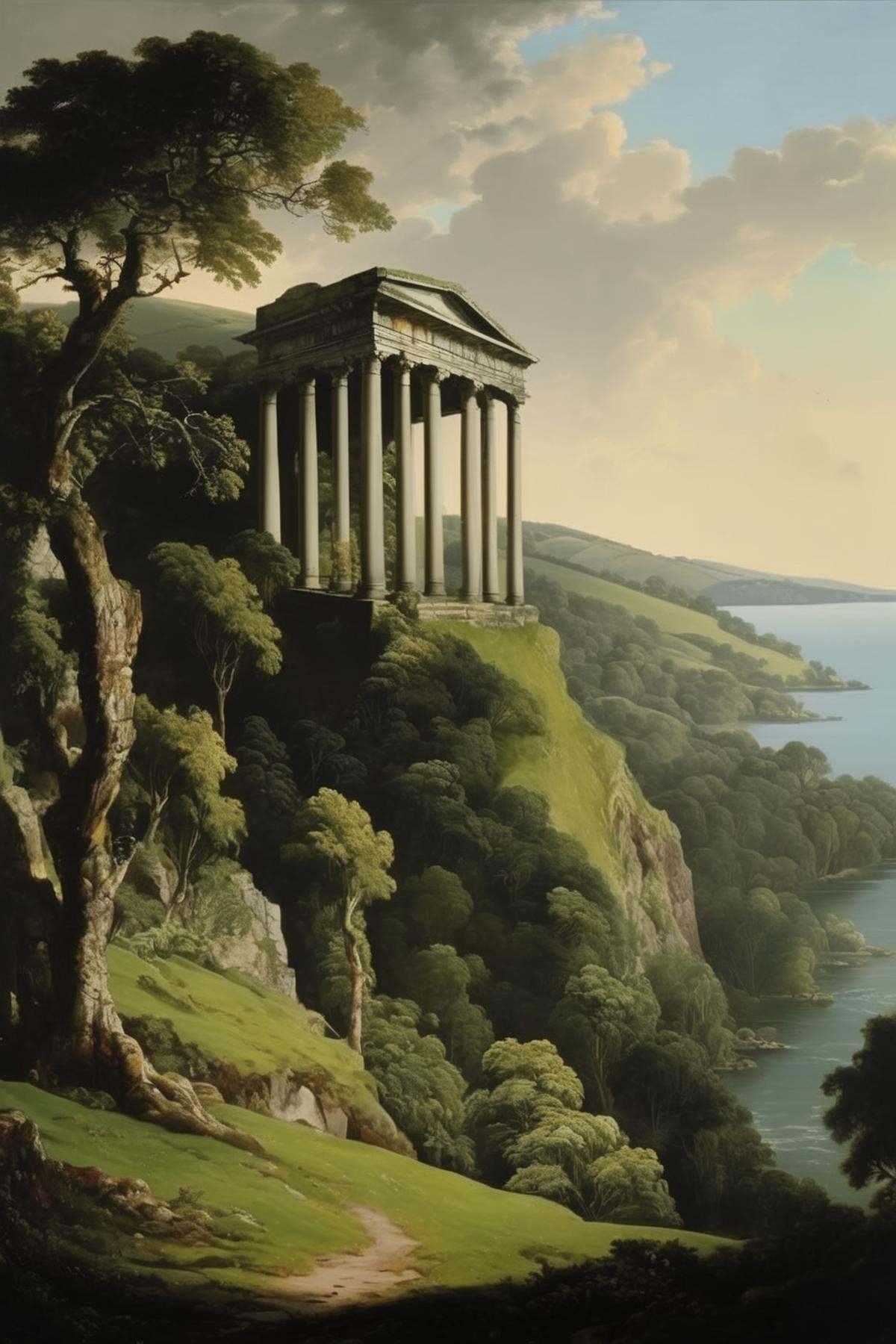Joseph Wright Of Derby Style - 8k,  stourhead,  rolling green hills arcadian landscape with dark lush planting on the side...