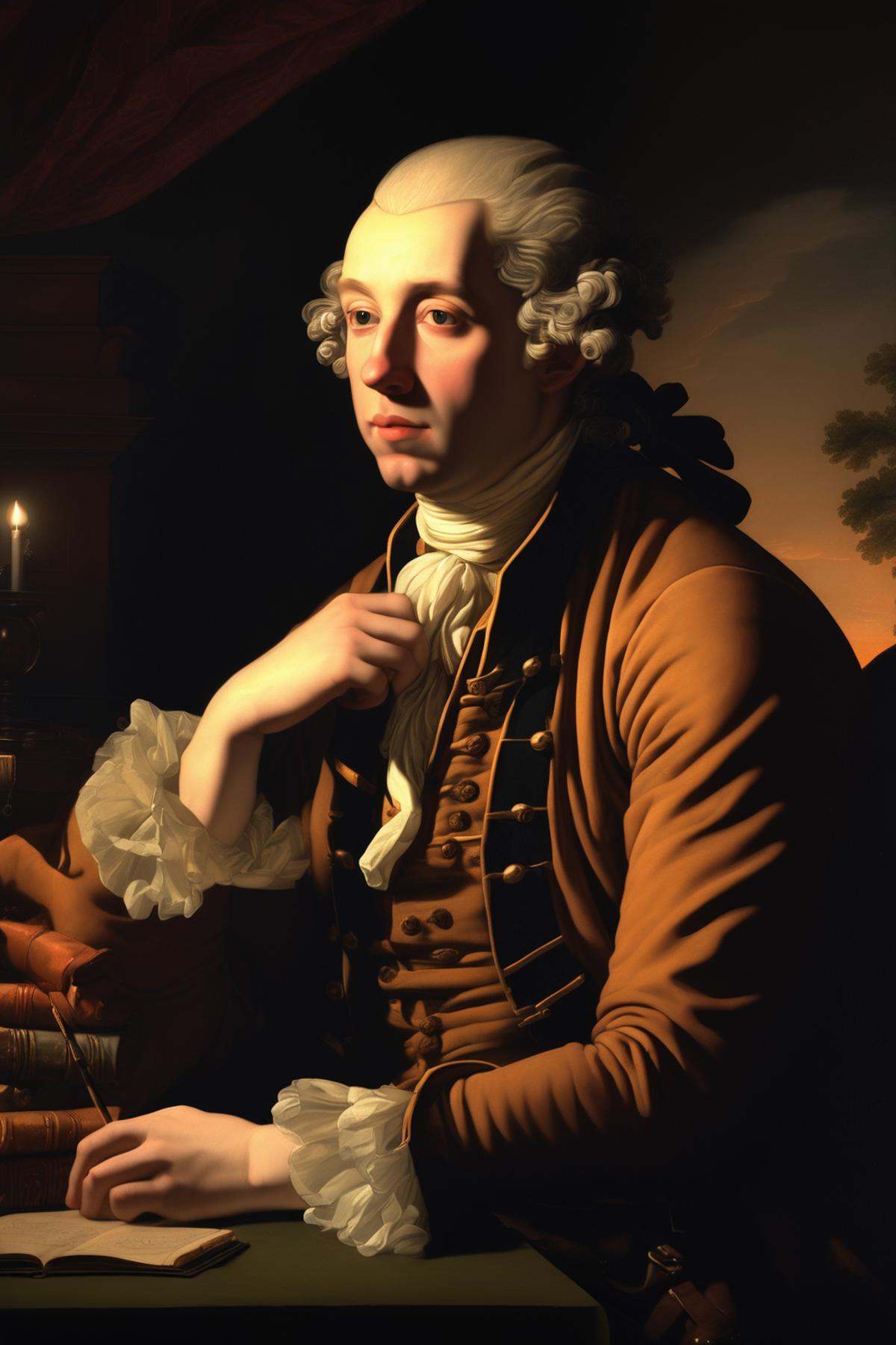 Joseph Wright Of Derby Style - a close-up shot of an 18th-century painting with warm tones and soft lighting,  conveying a...