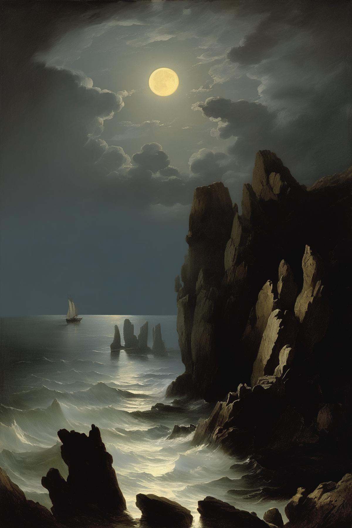 Joseph Wright Of Derby Style - The first oil painting Turner exhibited at the Royal Academy,  this is a moonlit scene in t...