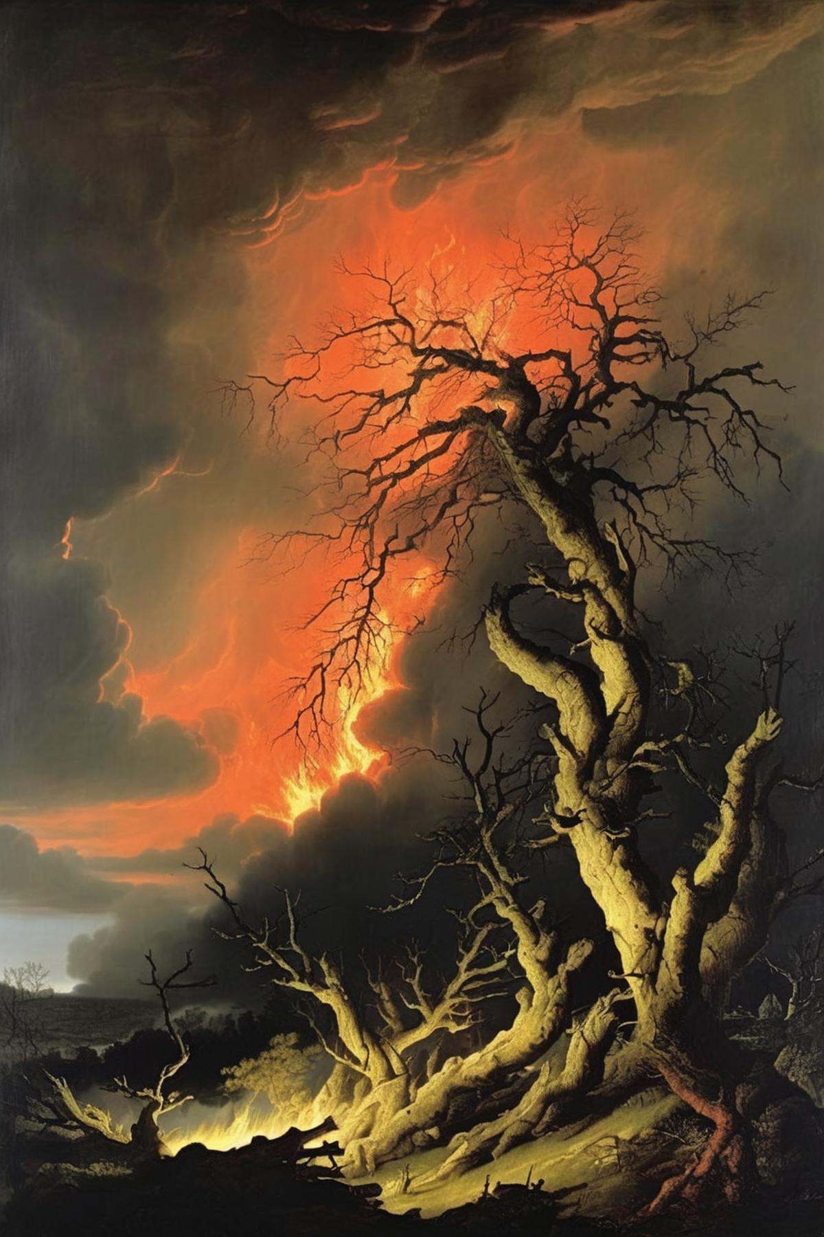 Joseph Wright Of Derby Style - fallen trees in flames / epic stormy burning sky / light from behind painting by Caspar Dav...