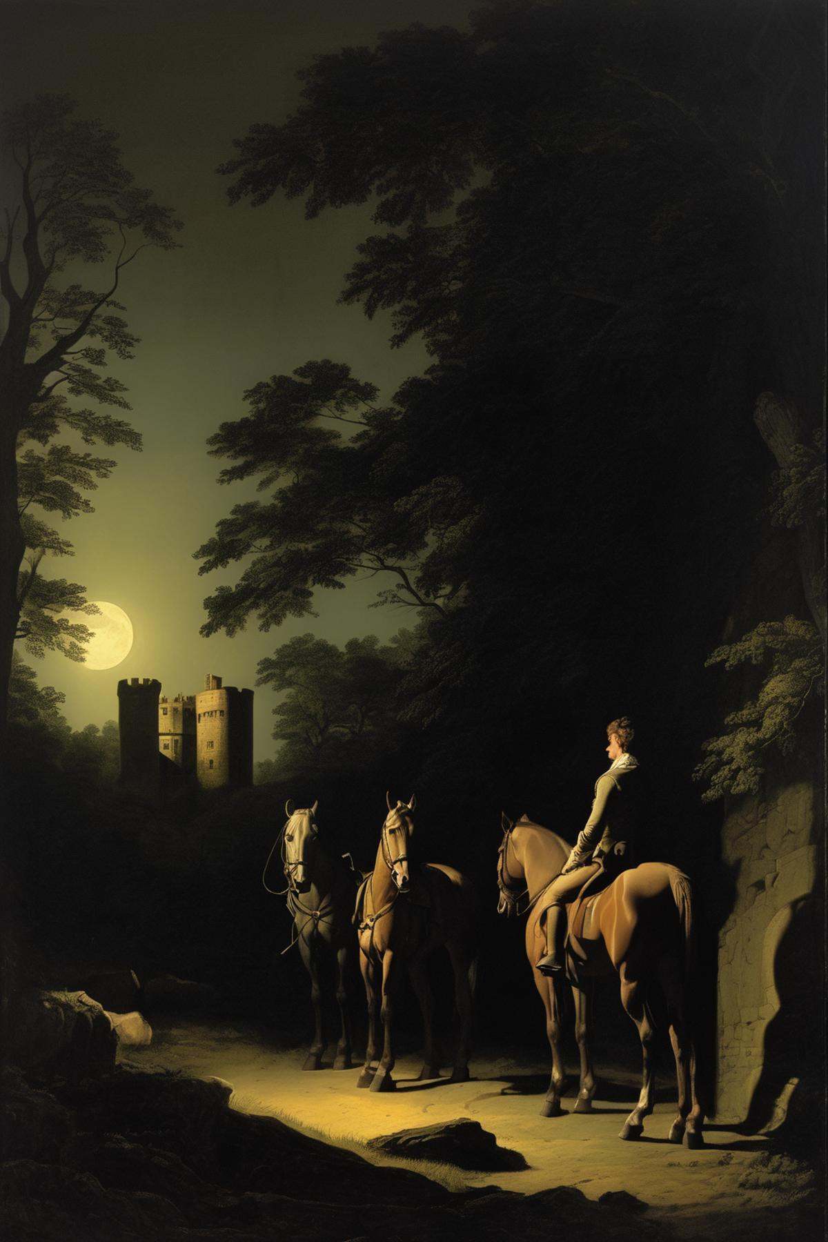 Joseph Wright Of Derby Style - a moonlit scene at the edge of a loney castle forecourt bordering a forrest. Two horses wit...